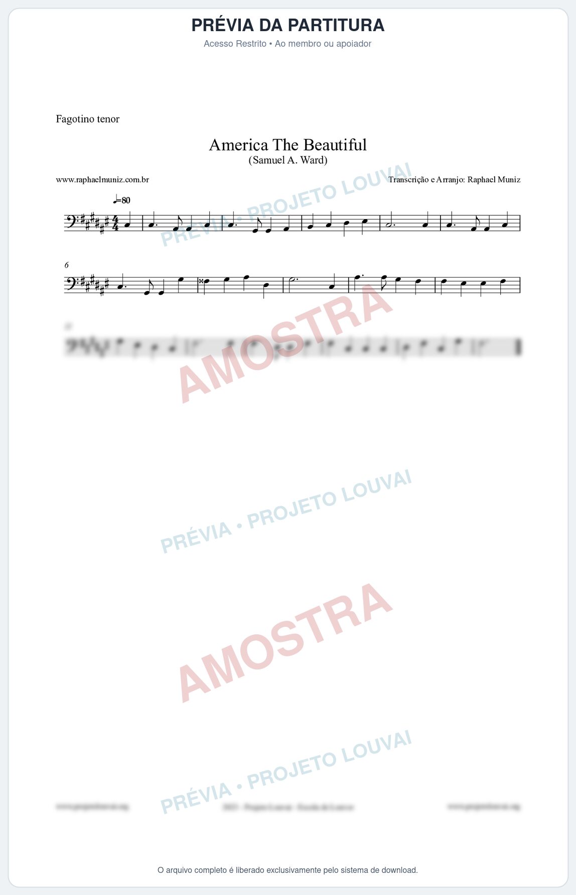 Prévia protegida da primeira página da partitura Partitura para Fagotino tenor - America The Beautiful - Samuel A Ward