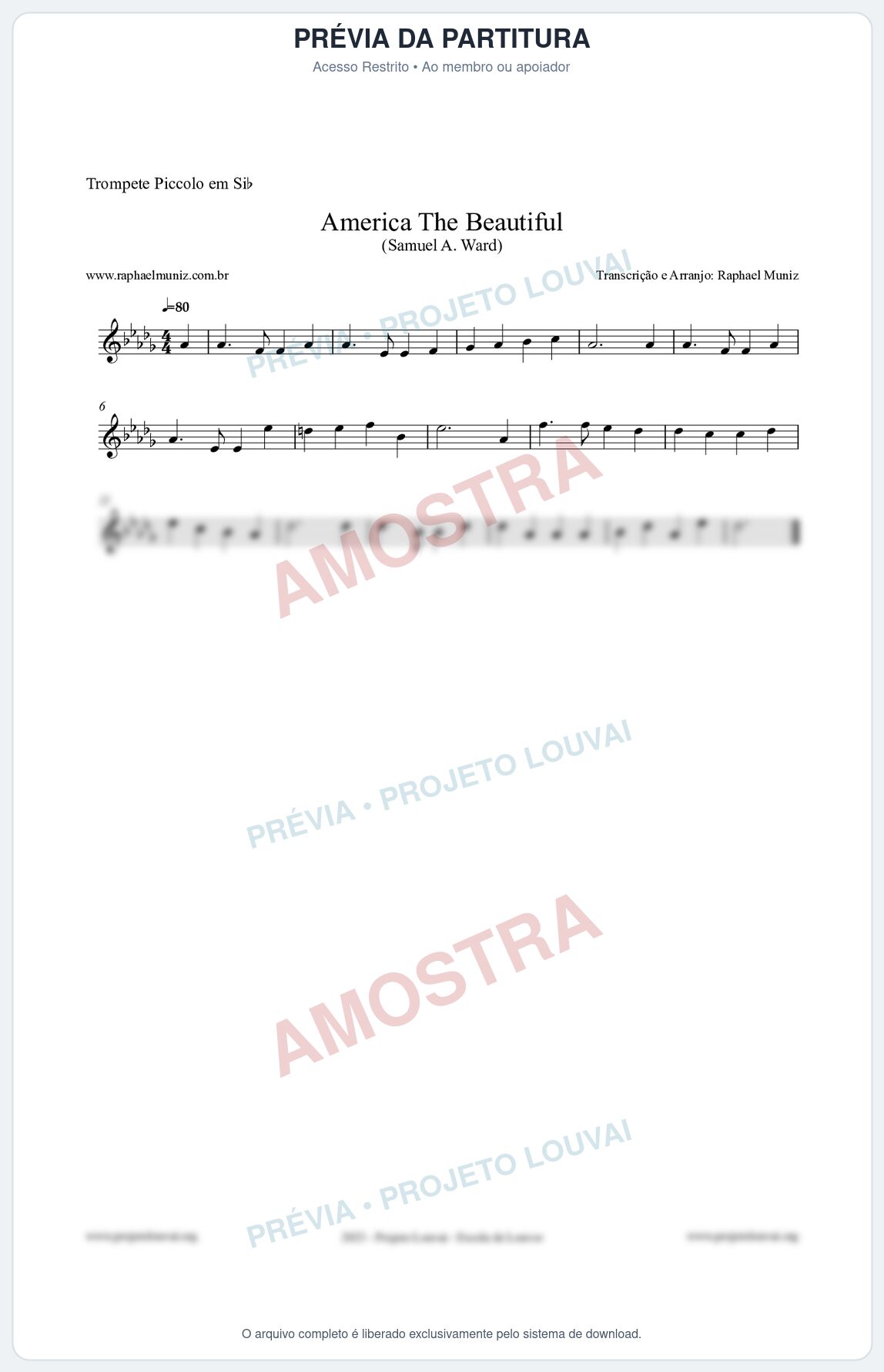 Prévia protegida da primeira página da partitura Partitura para Trompete Piccolo em Sib - America The Beautiful - Samuel A Ward