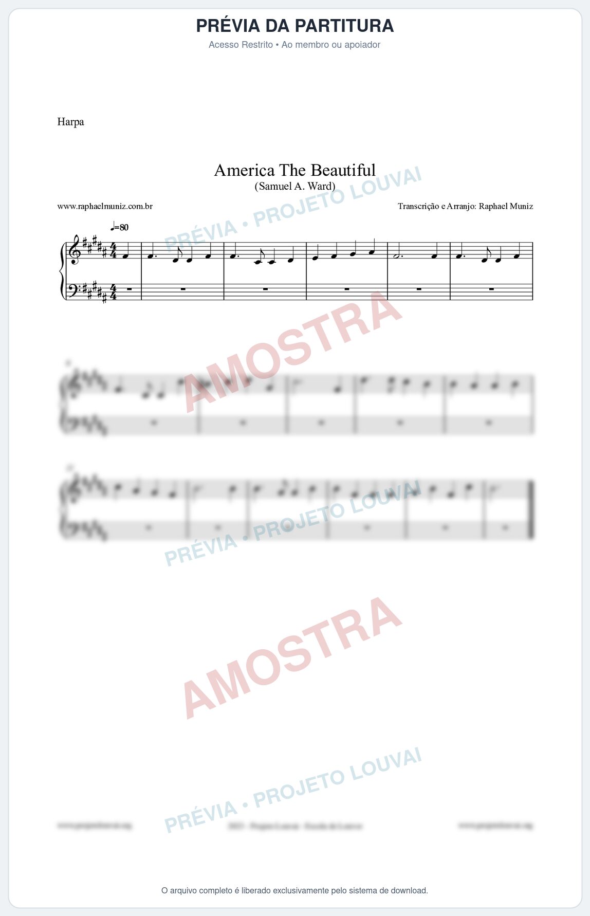 Prévia protegida da primeira página da partitura Partitura para Harpa - America The Beautiful - Samuel A Ward