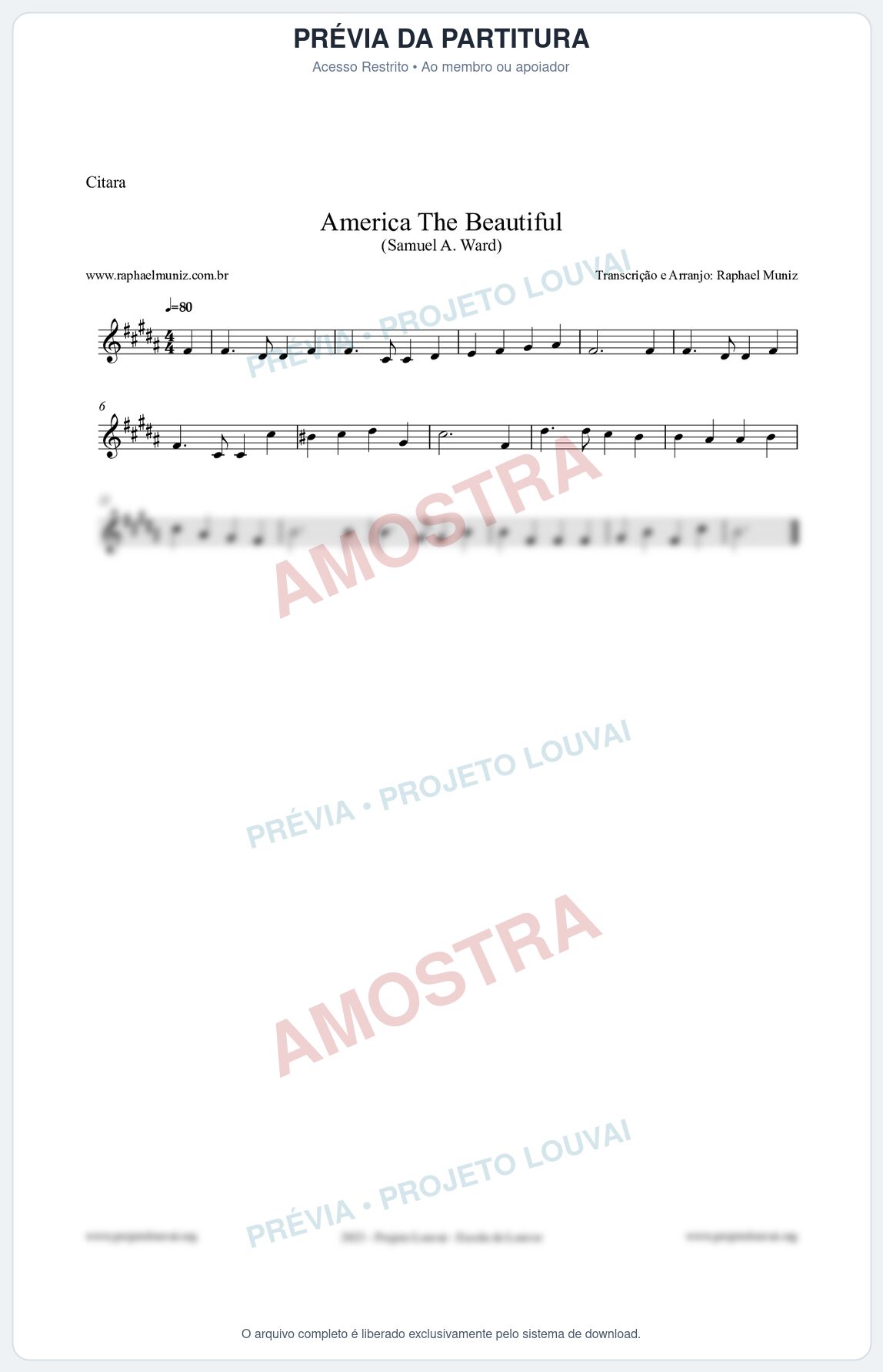 Prévia protegida da primeira página da partitura Partitura para Cítara - America The Beautiful - Samuel A Ward