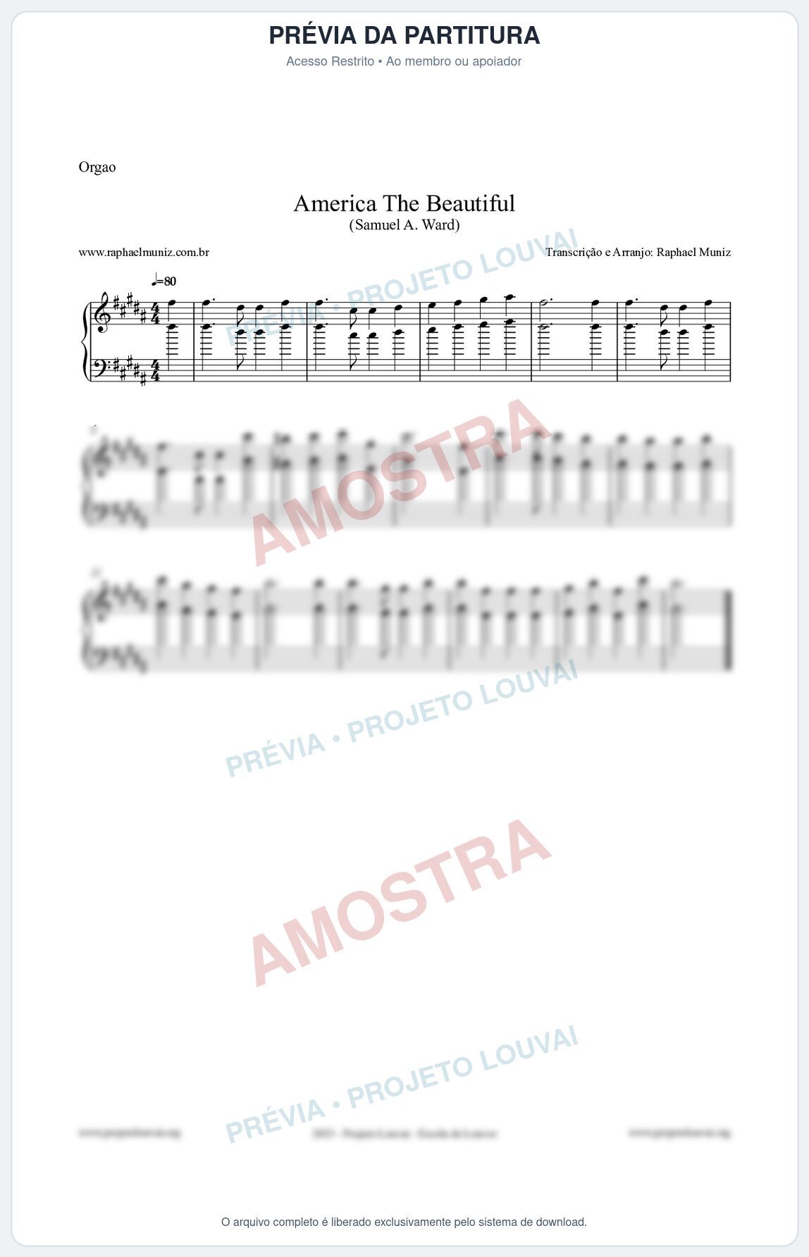 Prévia protegida da primeira página da partitura Partitura para Órgão - America The Beautiful - Samuel A Ward