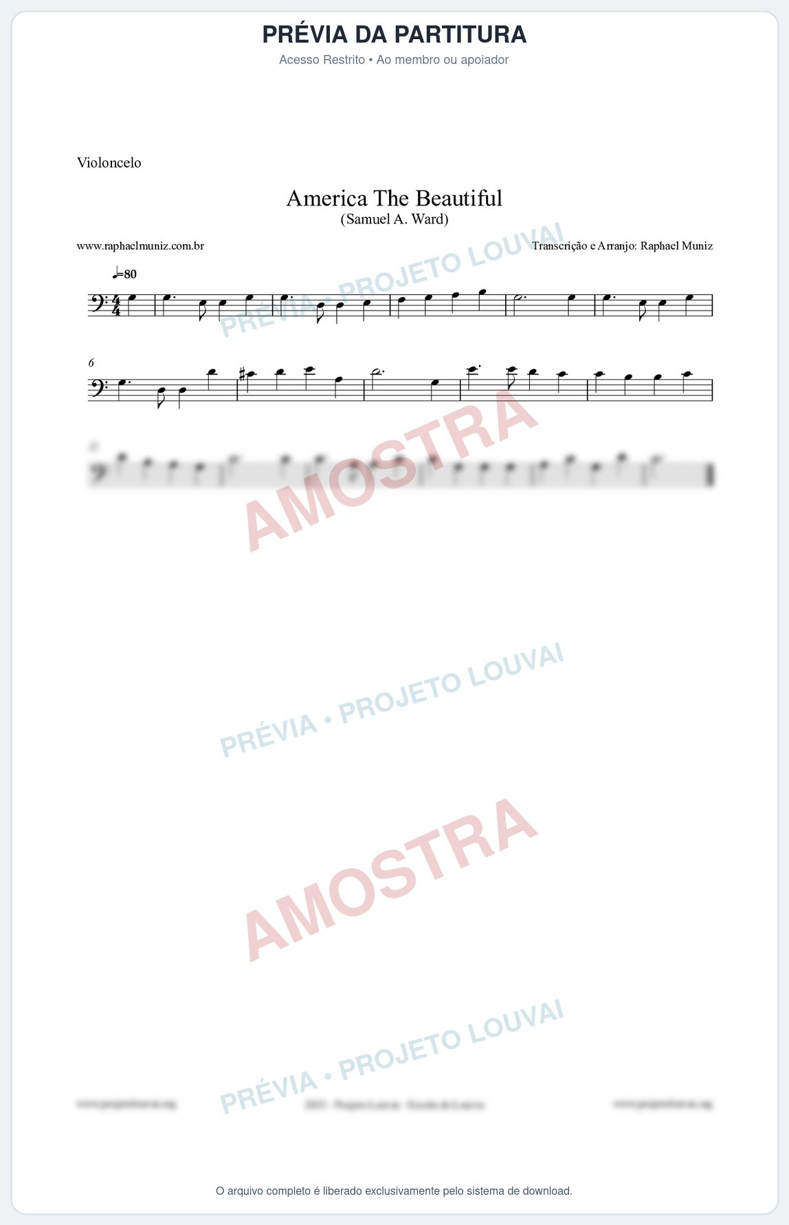 Prévia protegida da primeira página da partitura Partitura para Violoncelo - America The Beautiful - Samuel A Ward