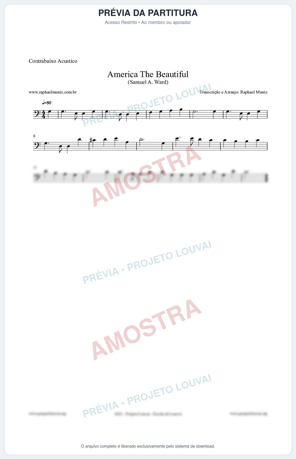 Prévia protegida da primeira página da partitura Partitura para Contrabaixo Acústico - America The Beautiful - Samuel A Ward