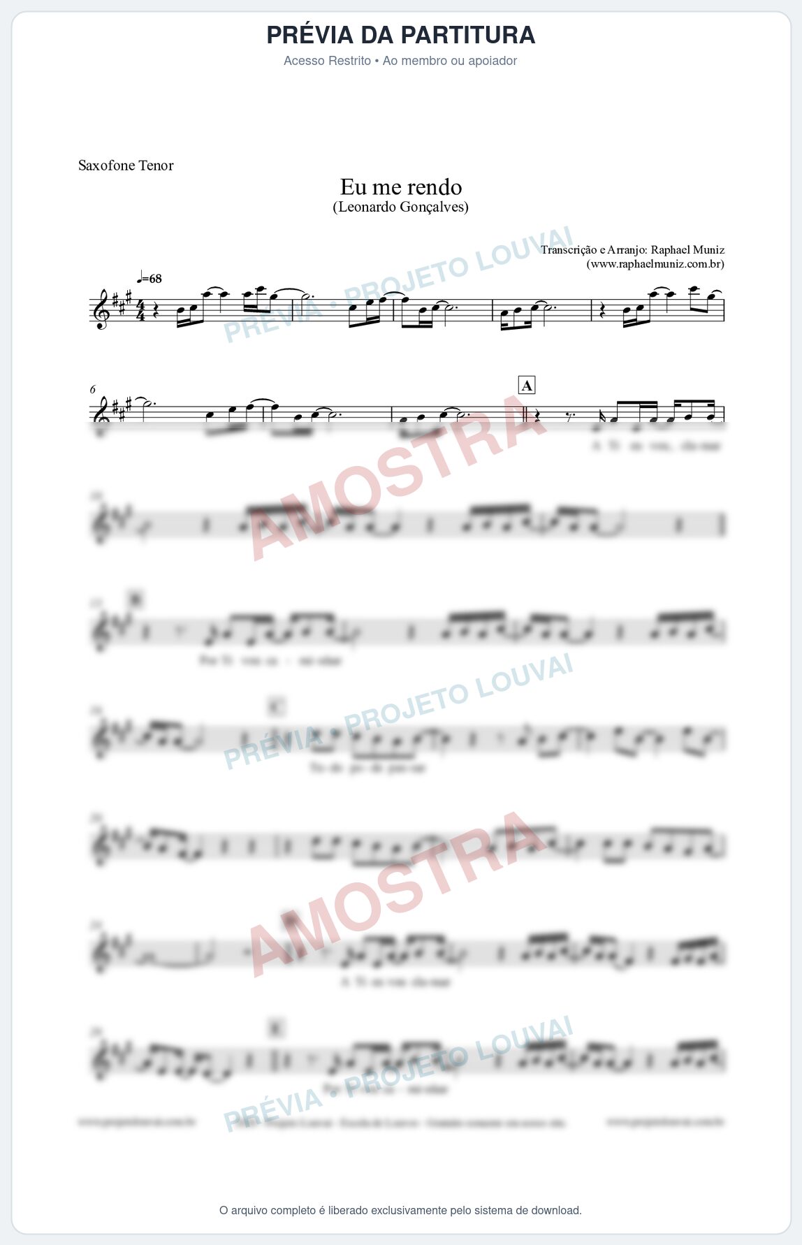 Prévia protegida da primeira página da partitura Partitura para Saxofone Tenor - Eu me Rendo (Tom G) - Leonardo Gonçalves