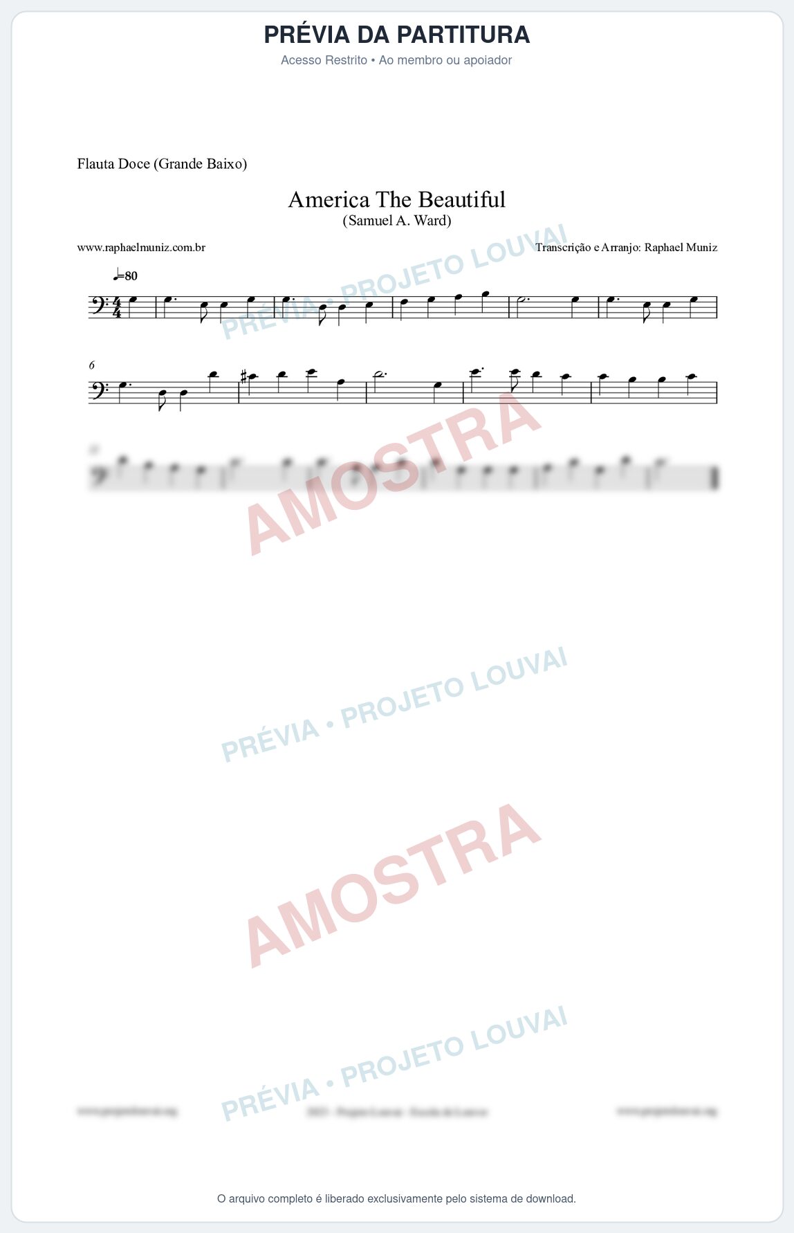 Prévia protegida da primeira página da partitura Partitura para Flauta Doce (Grande Baixo) - America The Beautiful - Samuel A Ward