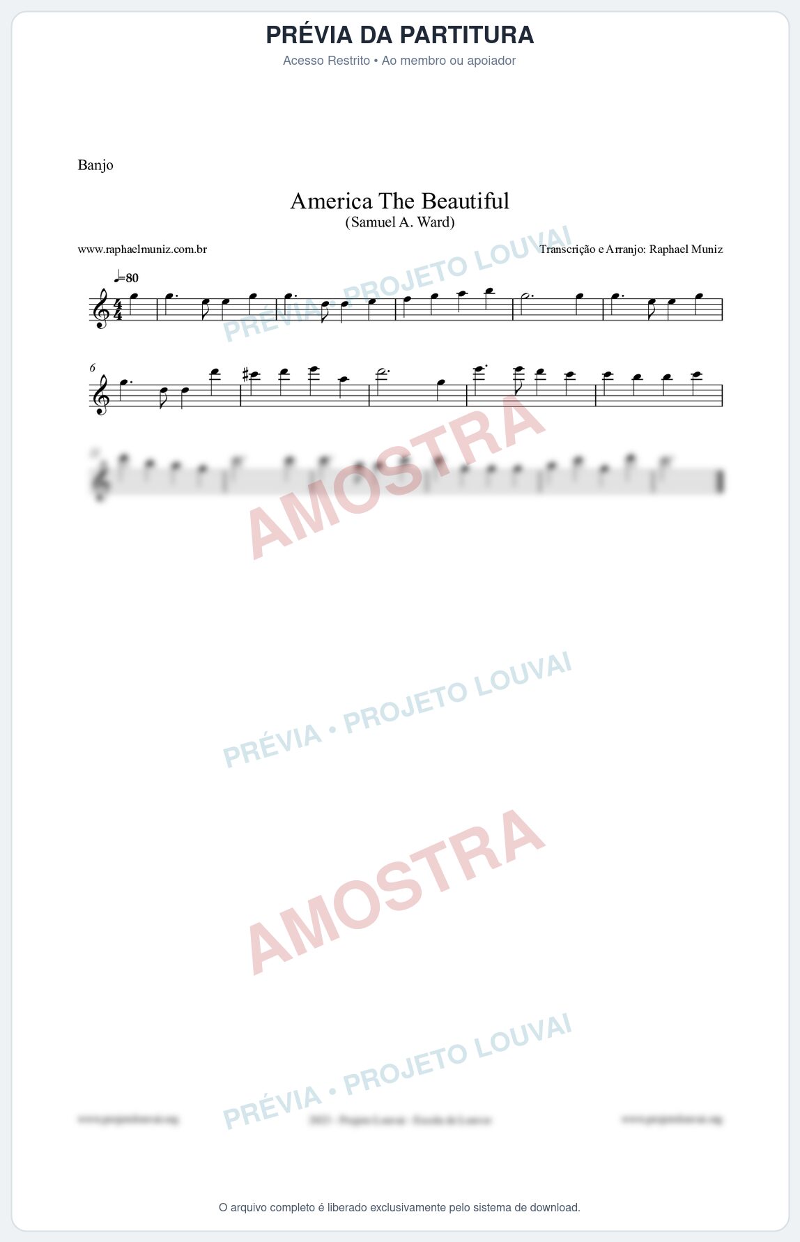 Prévia protegida da primeira página da partitura Partitura para Banjo - America The Beautiful - Samuel A Ward