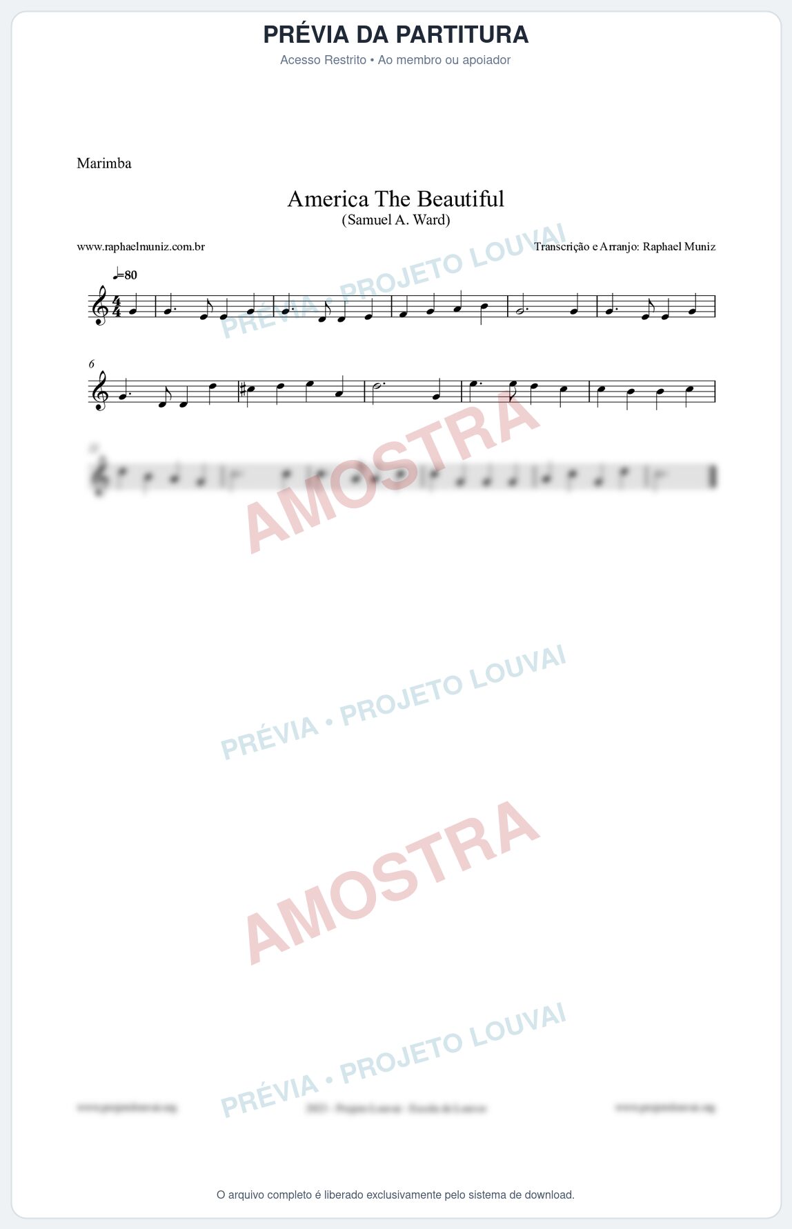 Prévia protegida da primeira página da partitura Partitura para Marimba - America The Beautiful - Samuel A Ward