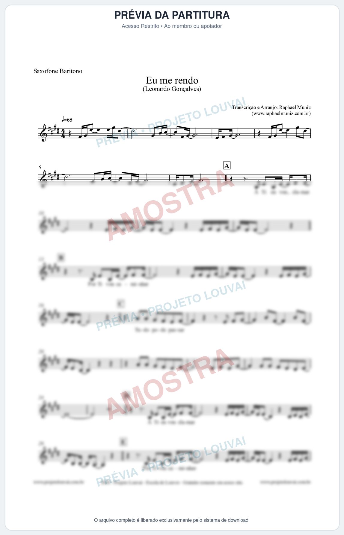 Prévia protegida da primeira página da partitura Partitura para Saxofone Barítono - Eu me Rendo (Tom G) - Leonardo Gonçalves
