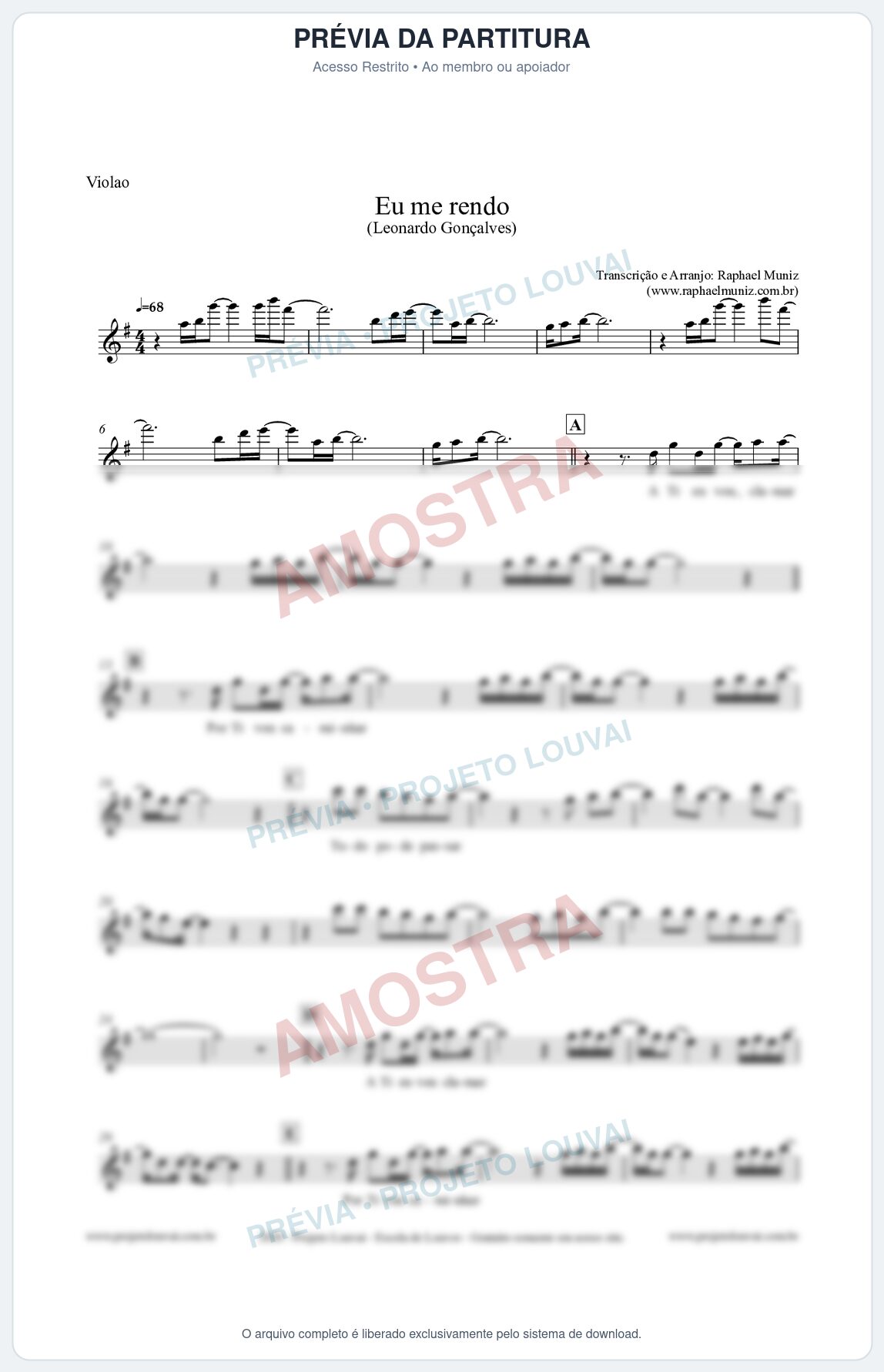 Prévia protegida da primeira página da partitura Partitura para Violão - Eu me Rendo (Tom G) - Leonardo Gonçalves
