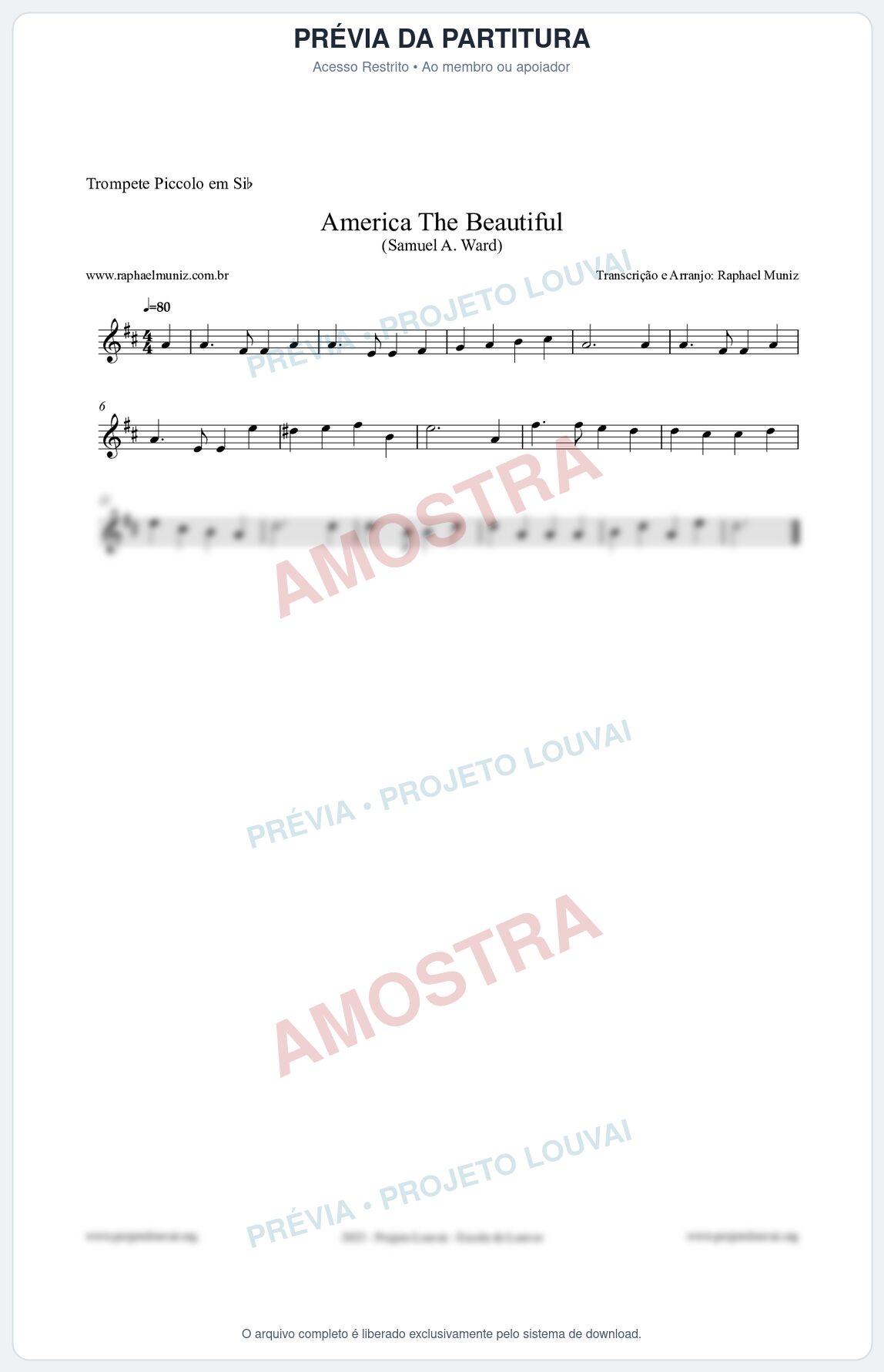 Prévia protegida da primeira página da partitura Partitura para Trompete Piccolo em Sib - America The Beautiful - Samuel A Ward