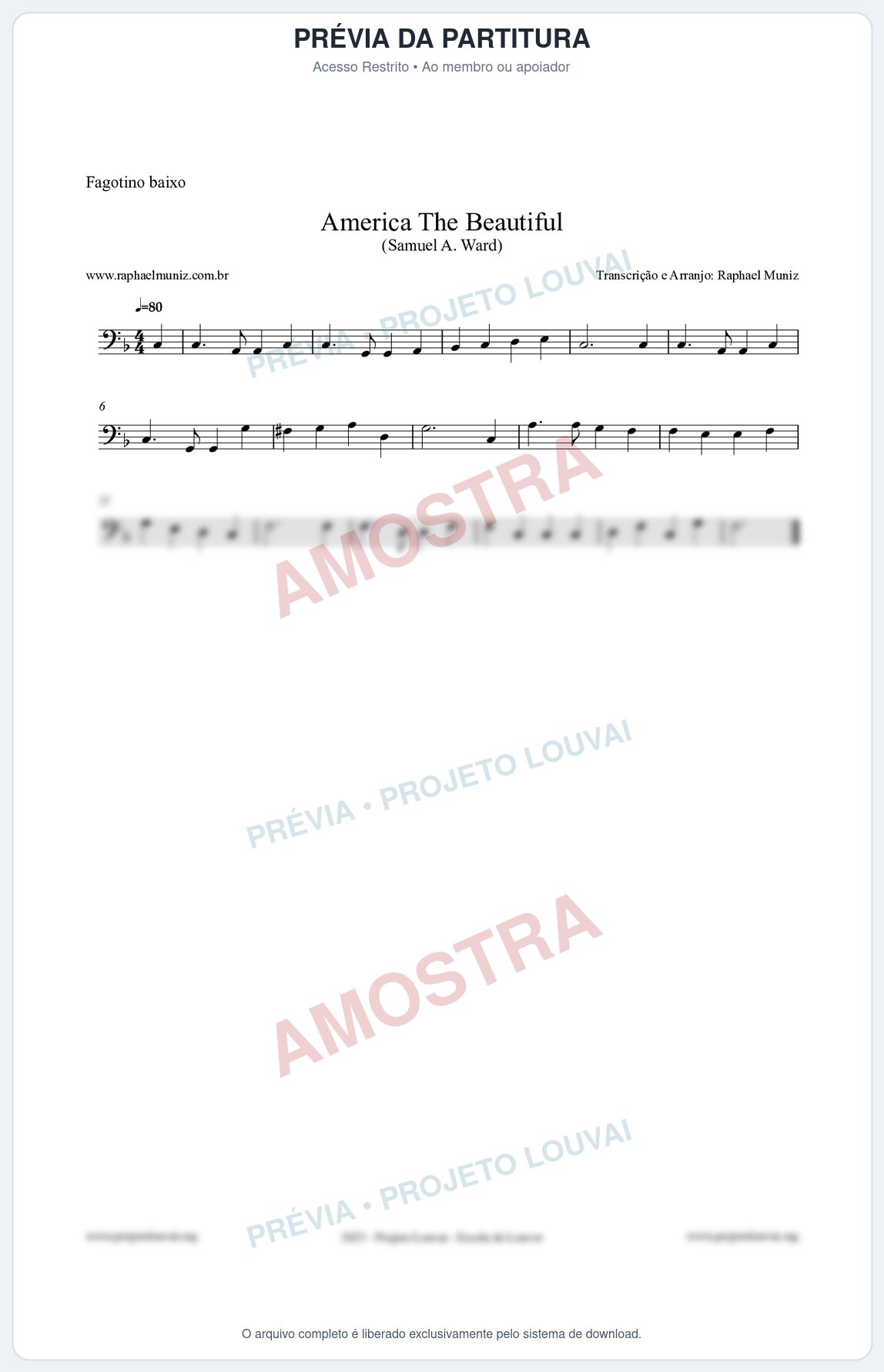 Prévia protegida da primeira página da partitura Partitura para Fagotino baixo - America The Beautiful - Samuel A Ward