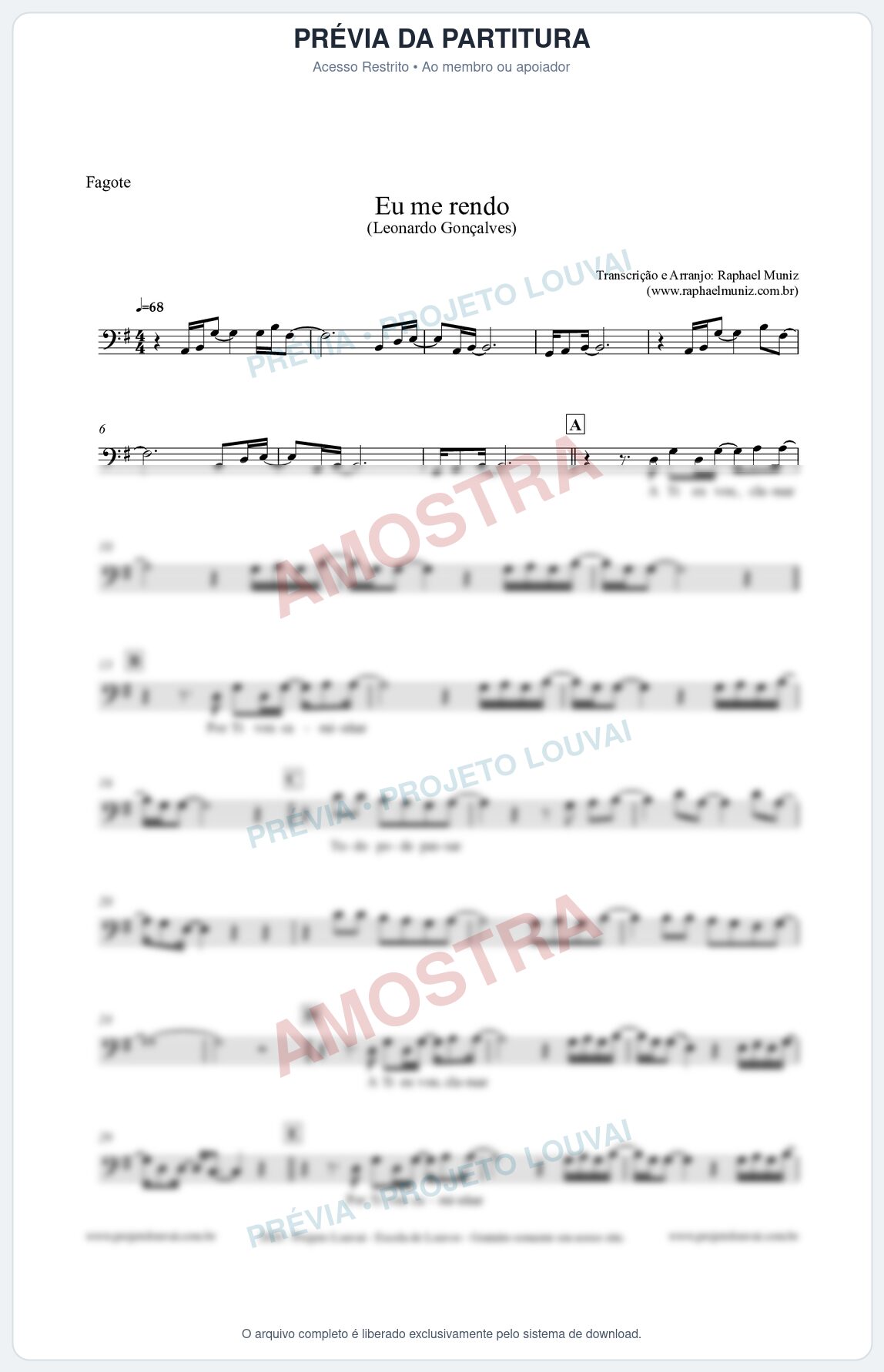 Prévia protegida da primeira página da partitura Partitura para Fagote - Eu me Rendo (Tom G) - Leonardo Gonçalves