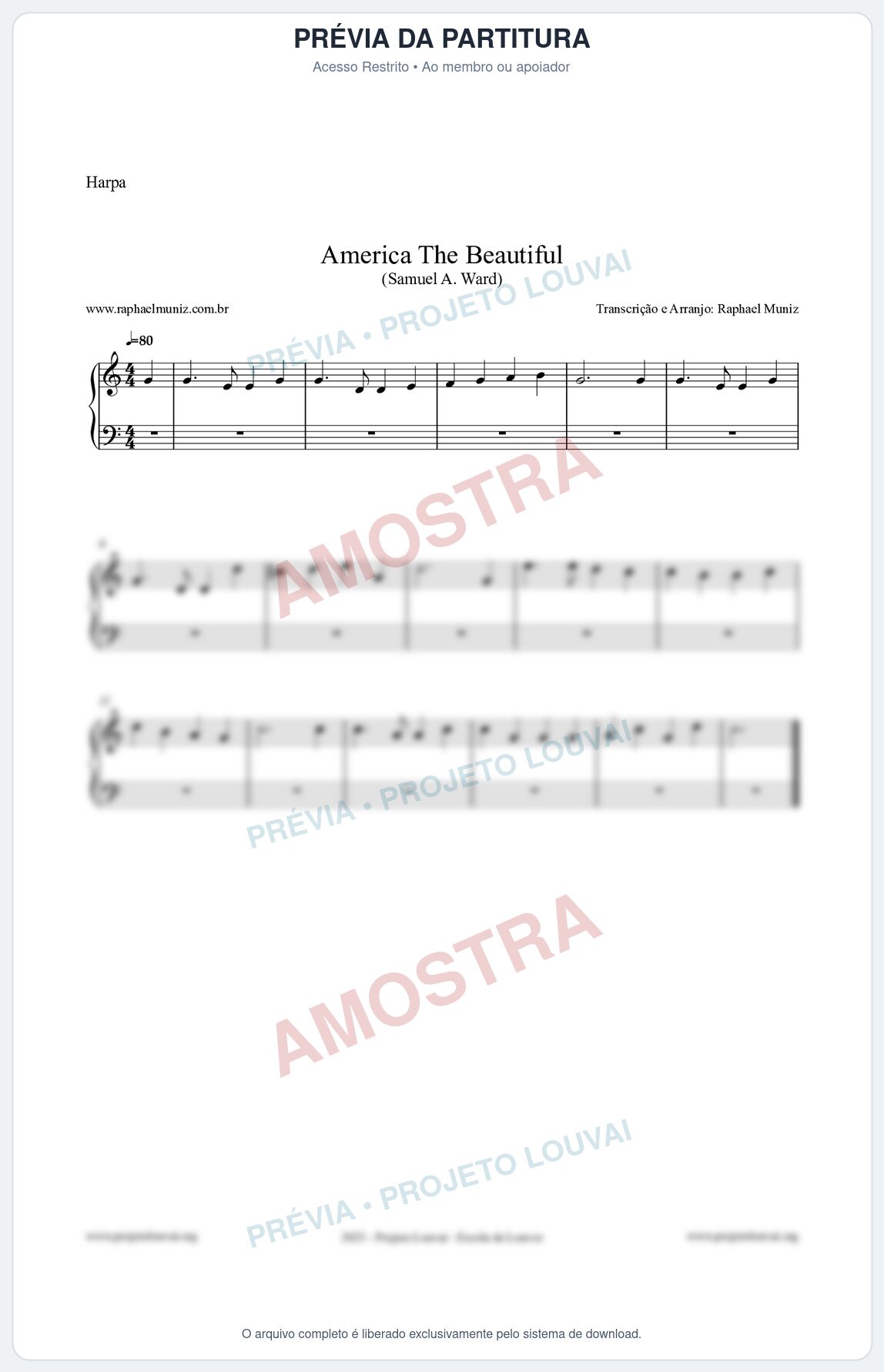 Prévia protegida da primeira página da partitura Partitura para Harpa - America The Beautiful - Samuel A Ward