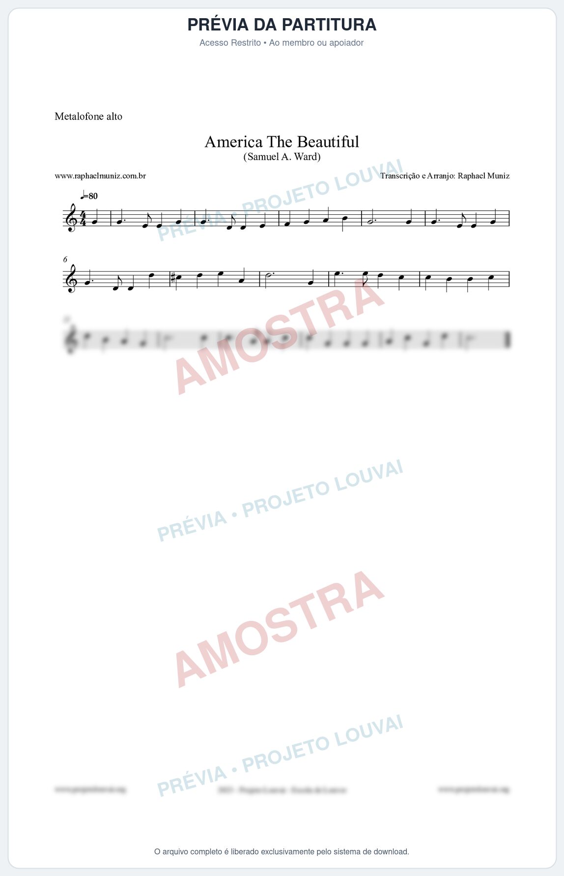 Prévia protegida da primeira página da partitura Partitura para Metalofone alto - America The Beautiful - Samuel A Ward