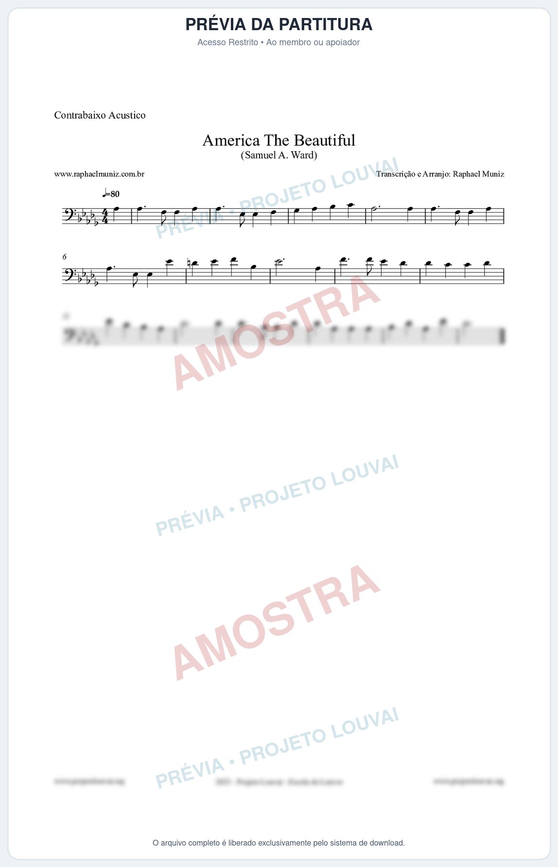 Prévia protegida da primeira página da partitura Partitura para Contrabaixo Acústico - America The Beautiful - Samuel A Ward