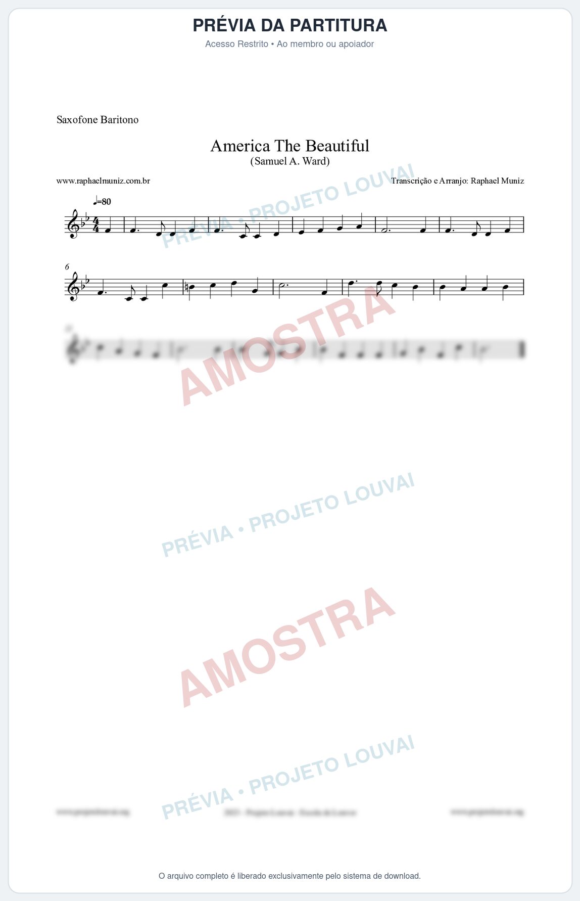 Prévia protegida da primeira página da partitura Partitura para Saxofone Barítono - America The Beautiful - Samuel A Ward