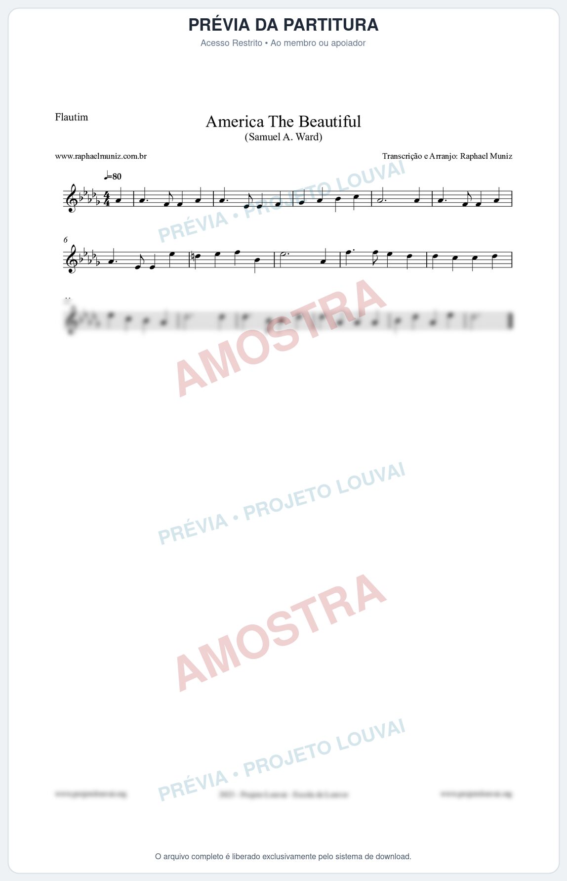Prévia protegida da primeira página da partitura Partitura para Flautim - America The Beautiful - Samuel A Ward