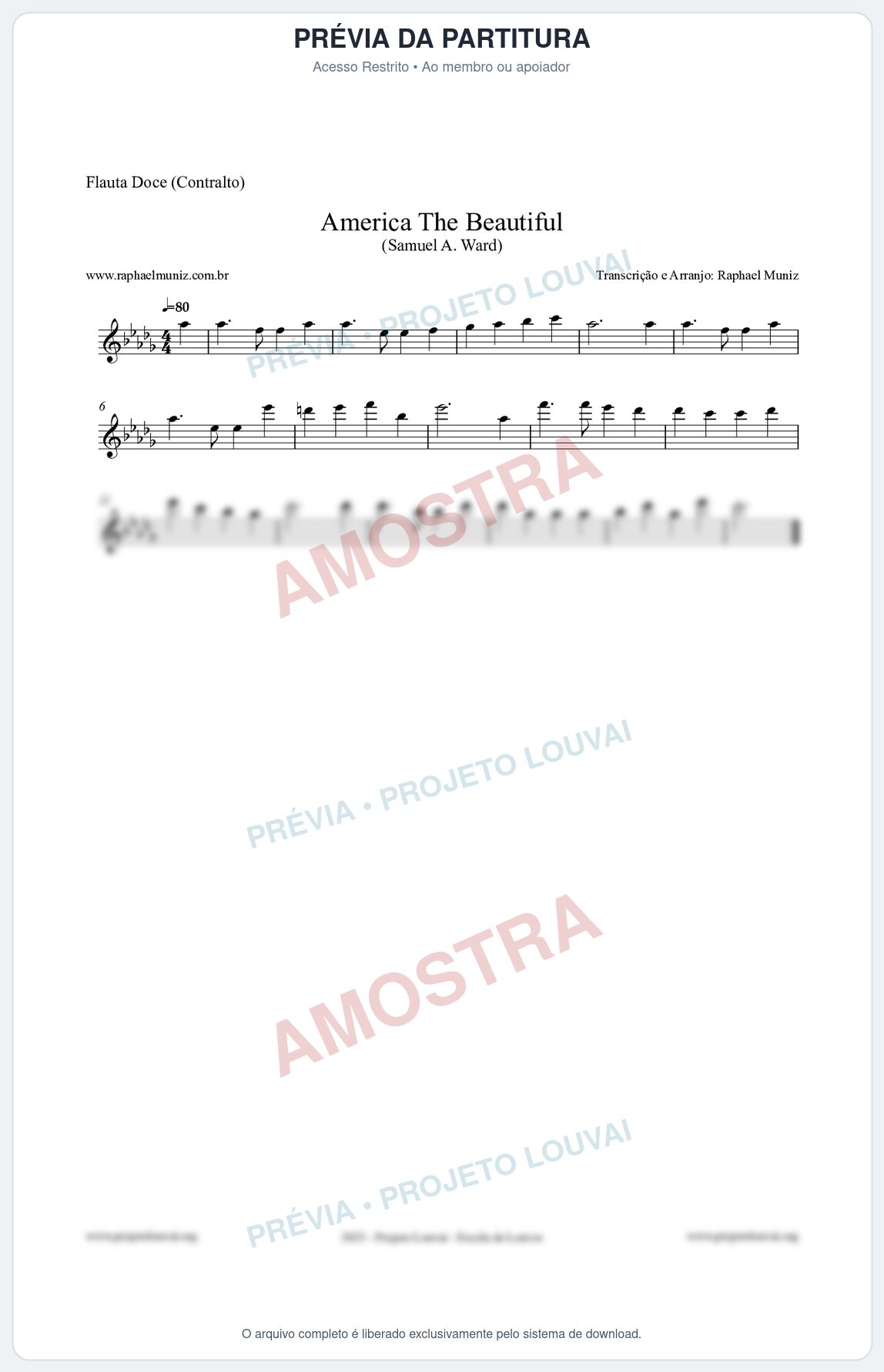 Prévia protegida da primeira página da partitura Partitura para Flauta Doce (Contralto) - America The Beautiful - Samuel A Ward
