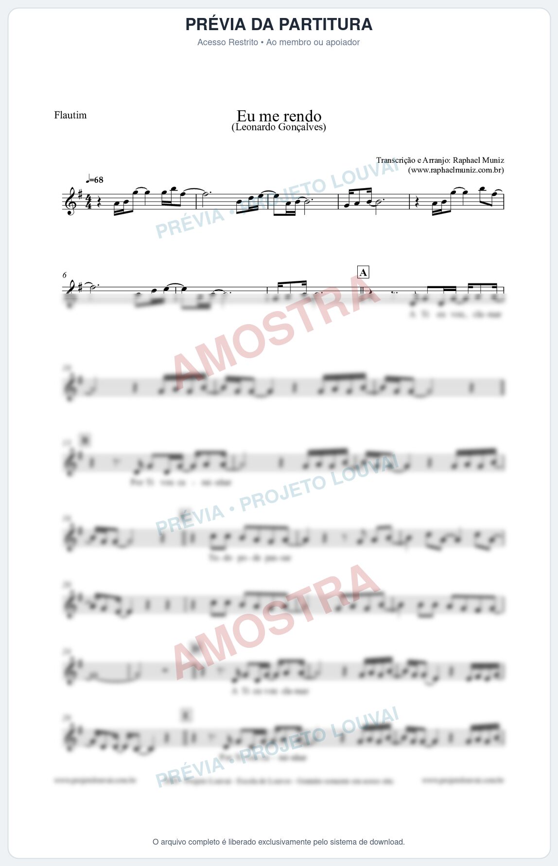 Prévia protegida da primeira página da partitura Partitura para Flautim - Eu me Rendo (Tom G) - Leonardo Gonçalves