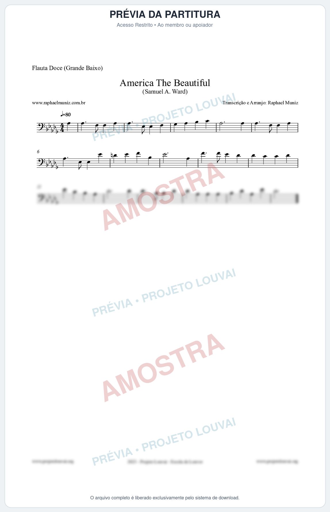 Prévia protegida da primeira página da partitura Partitura para Flauta Doce (Grande Baixo) - America The Beautiful - Samuel A Ward