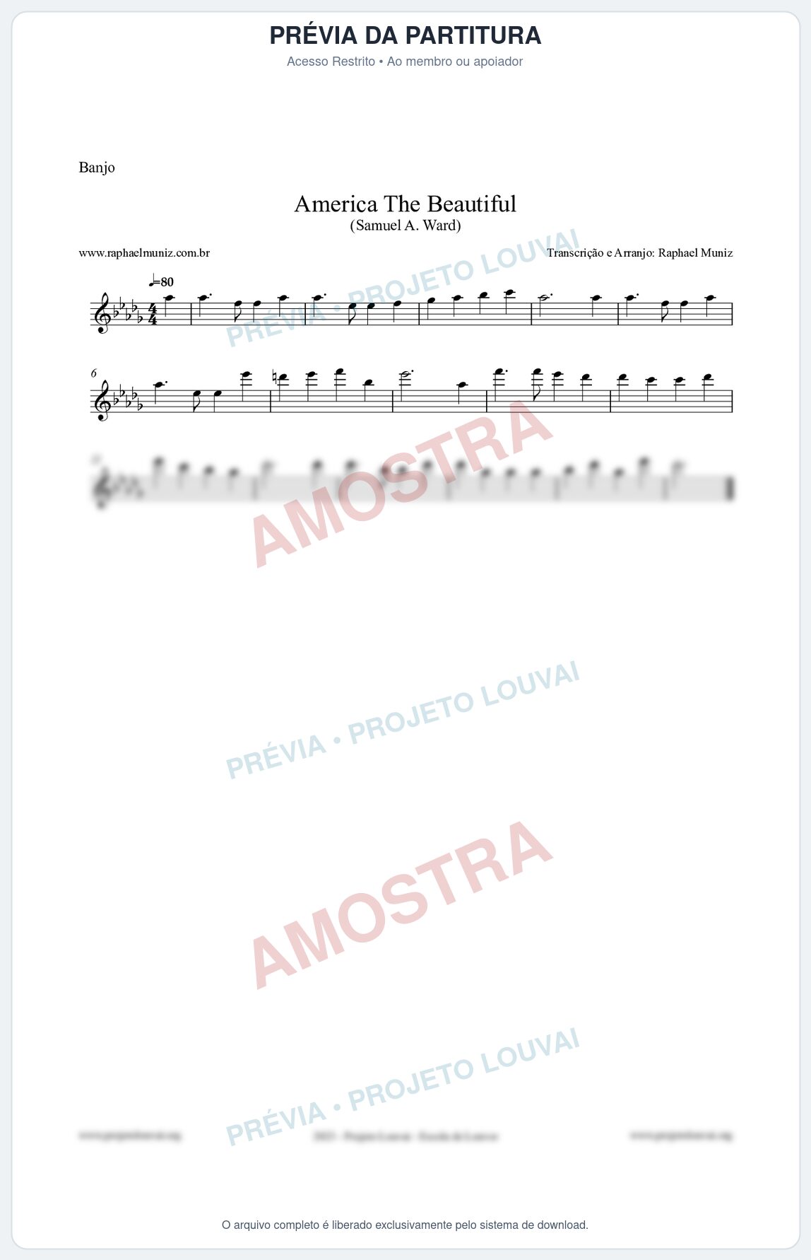 Prévia protegida da primeira página da partitura Partitura para Banjo - America The Beautiful - Samuel A Ward