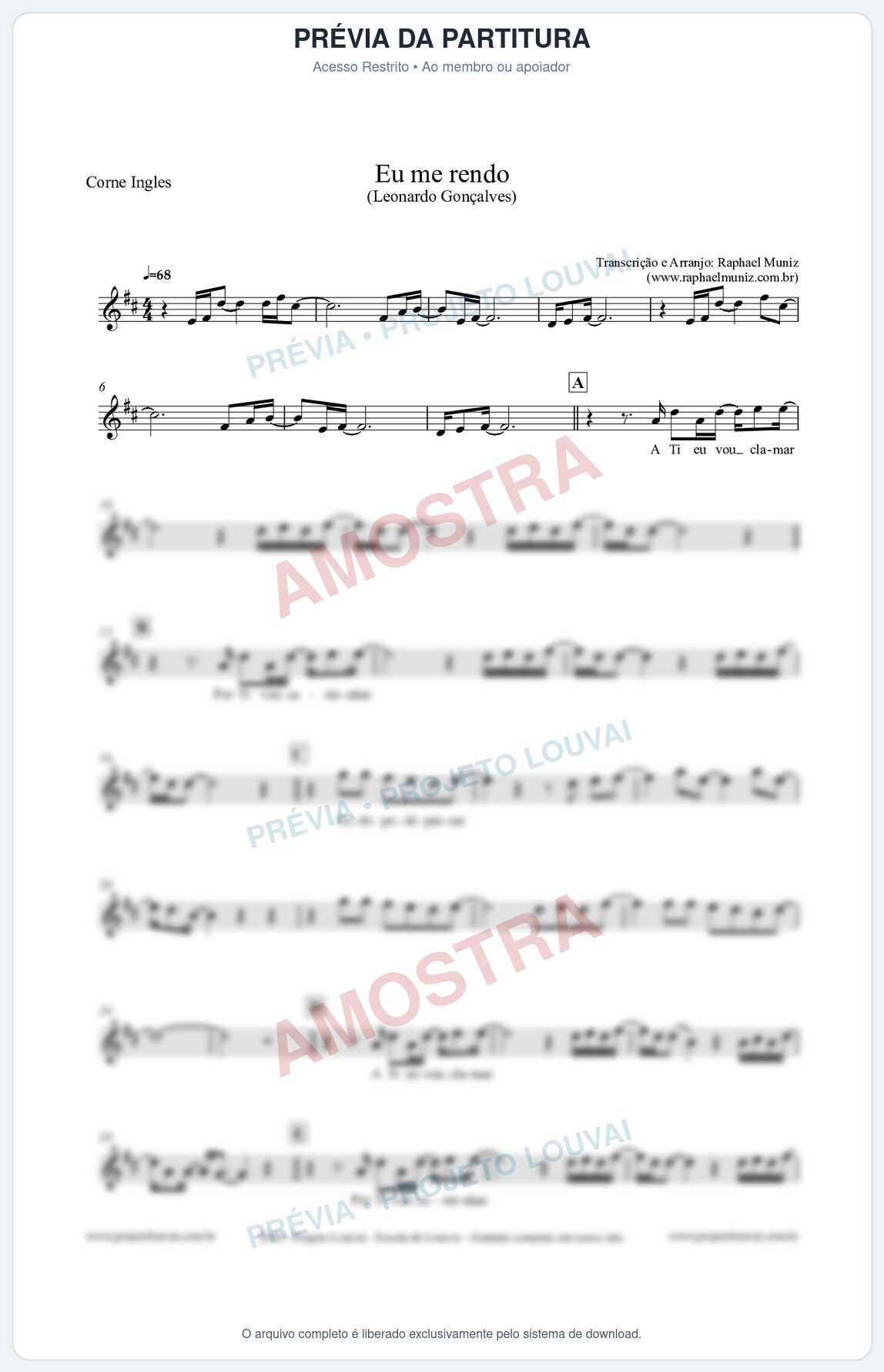 Prévia protegida da primeira página da partitura Partitura para Corne Inglês - Eu me Rendo (Tom G) - Leonardo Gonçalves