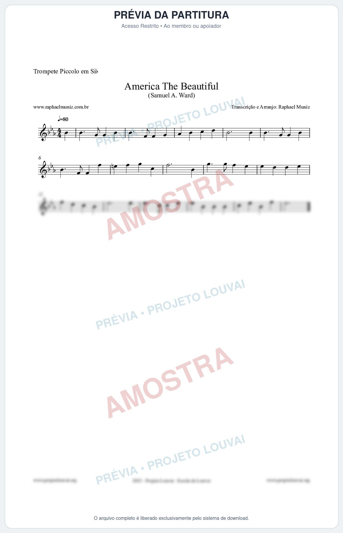 Prévia protegida da primeira página da partitura Partitura para Trompete Piccolo em Sib - America The Beautiful - Samuel A Ward