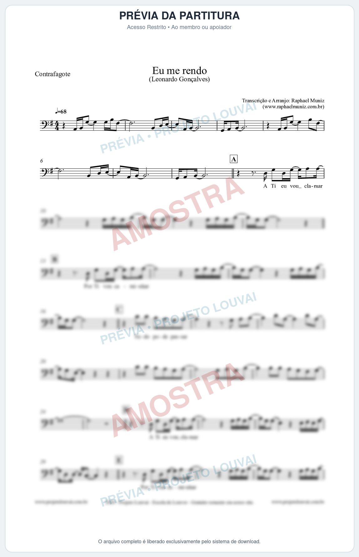 Prévia protegida da primeira página da partitura Partitura para Contrafagote - Eu me Rendo (Tom G) - Leonardo Gonçalves