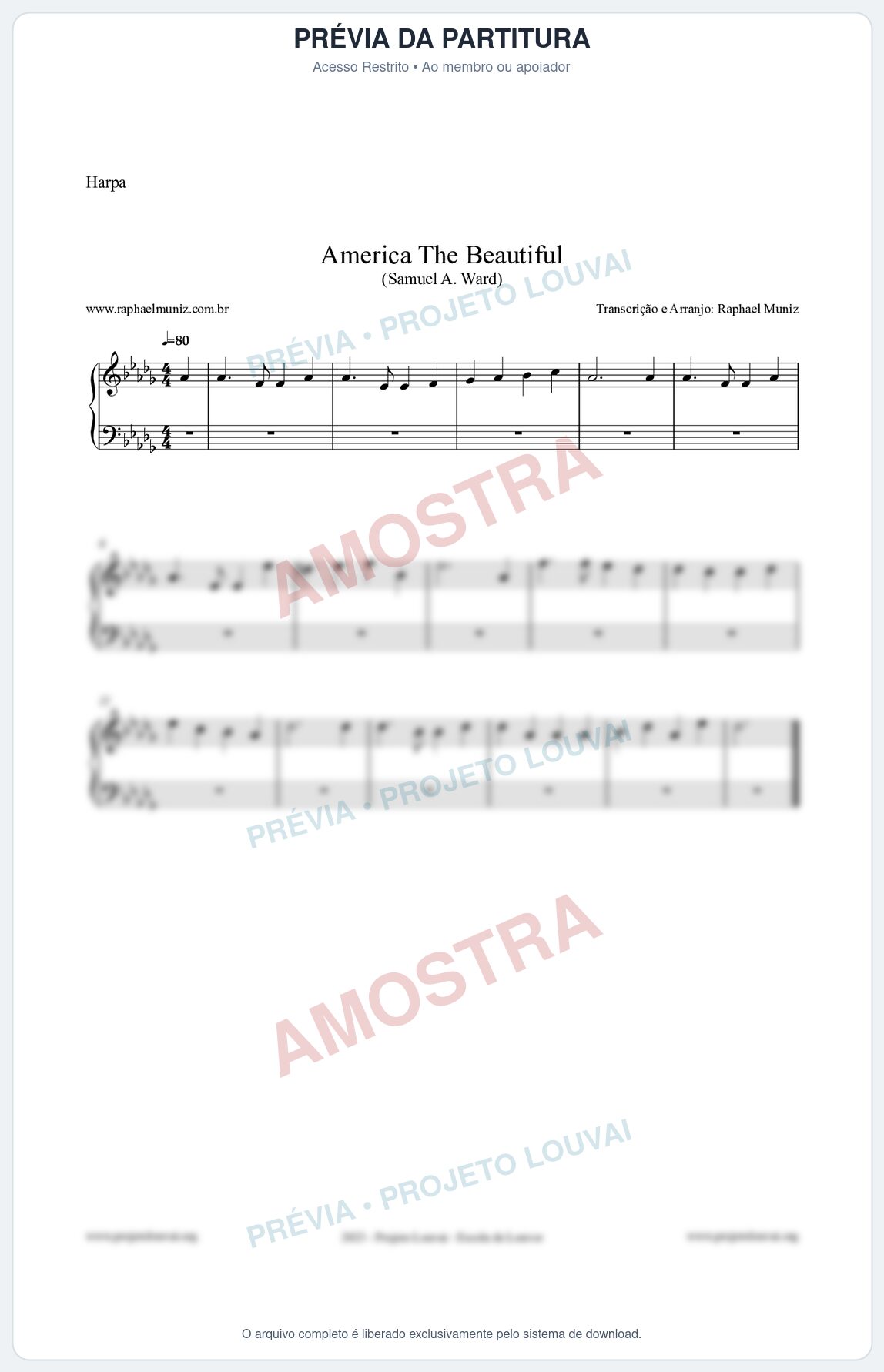 Prévia protegida da primeira página da partitura Partitura para Harpa - America The Beautiful - Samuel A Ward