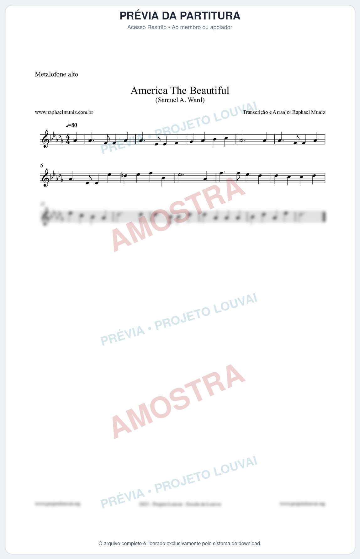 Prévia protegida da primeira página da partitura Partitura para Metalofone alto - America The Beautiful - Samuel A Ward
