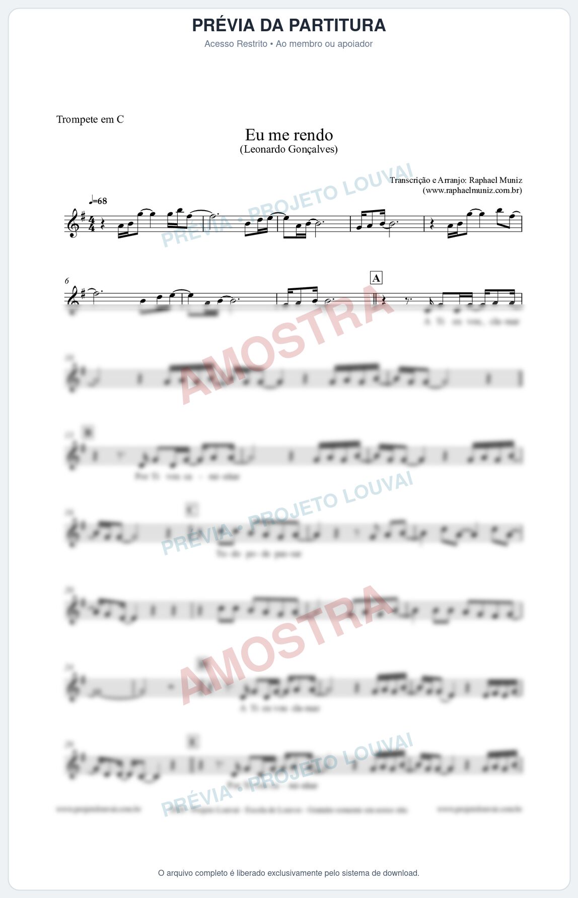Prévia protegida da primeira página da partitura Partitura para Trompete em C - Eu me Rendo (Tom G) - Leonardo Gonçalves