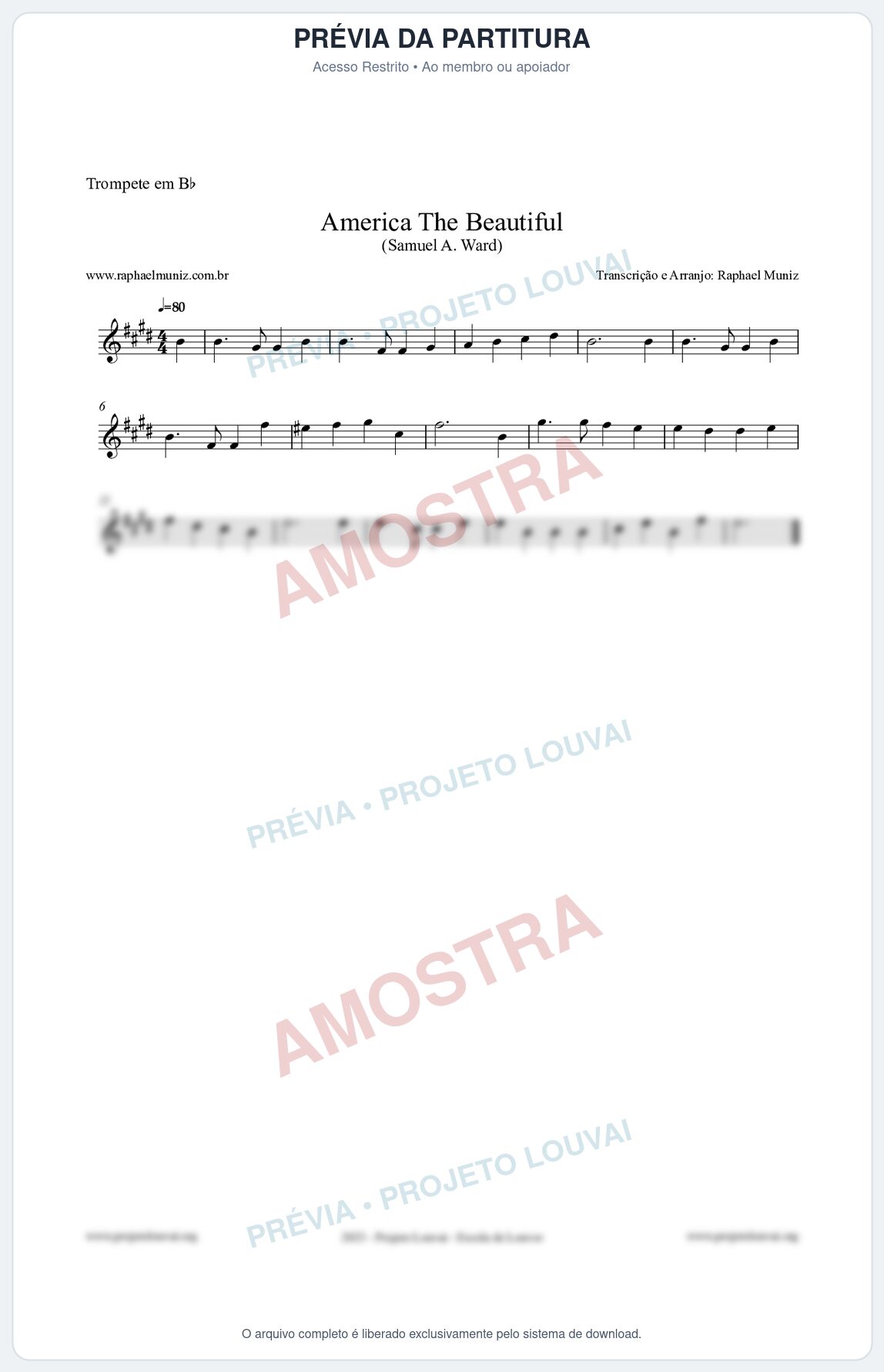 Prévia protegida da primeira página da partitura Partitura para Trompete em Bb - America The Beautiful - Samuel A Ward