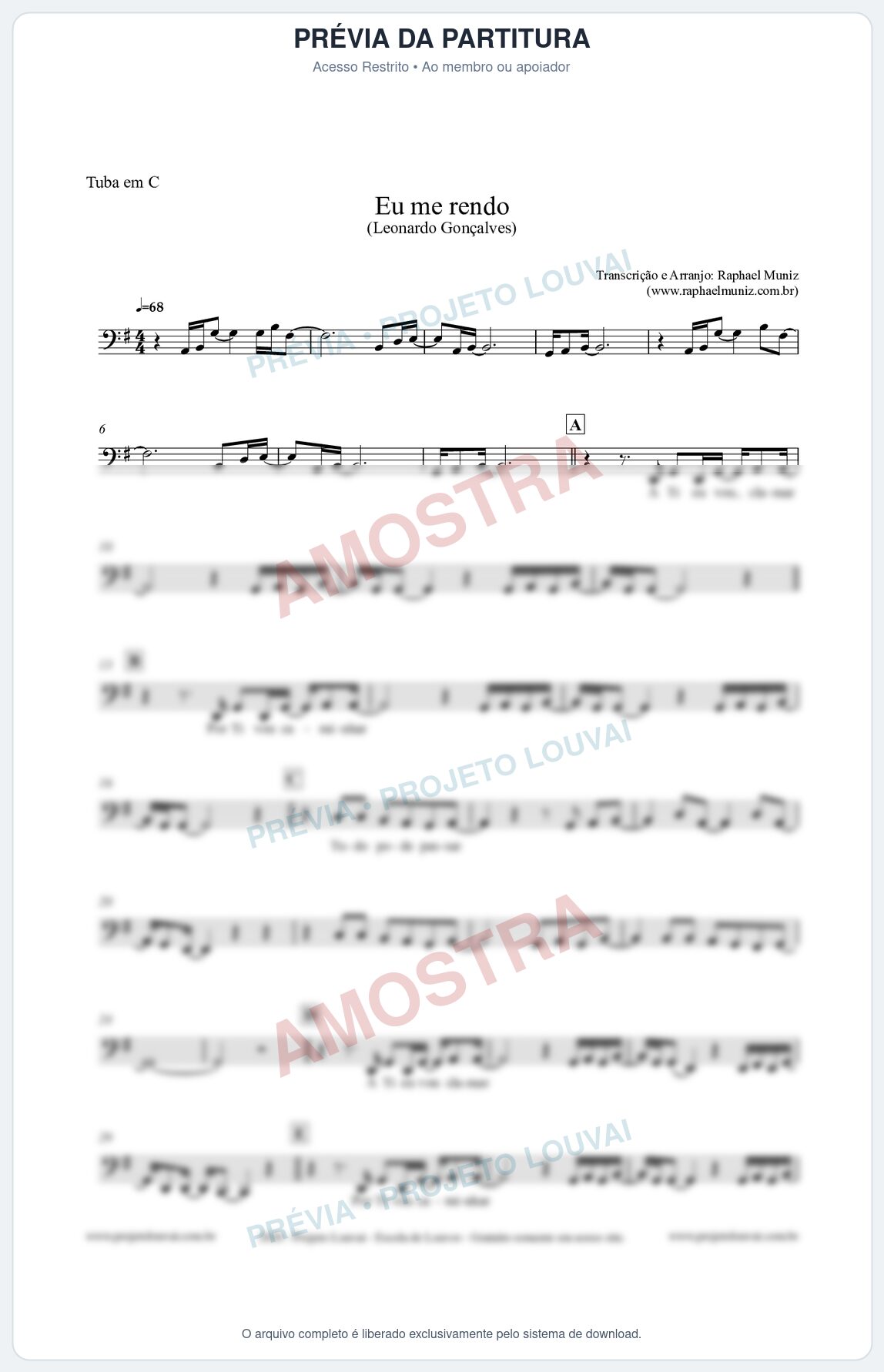 Prévia protegida da primeira página da partitura Partitura para Tuba em C - Eu me Rendo (Tom G) - Leonardo Gonçalves
