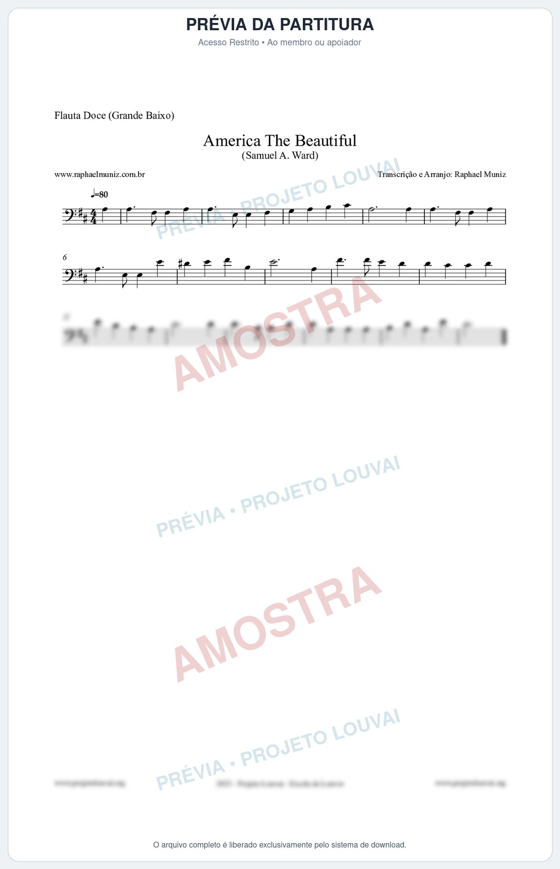 Prévia protegida da primeira página da partitura Partitura para Flauta Doce (Grande Baixo) - America The Beautiful - Samuel A Ward