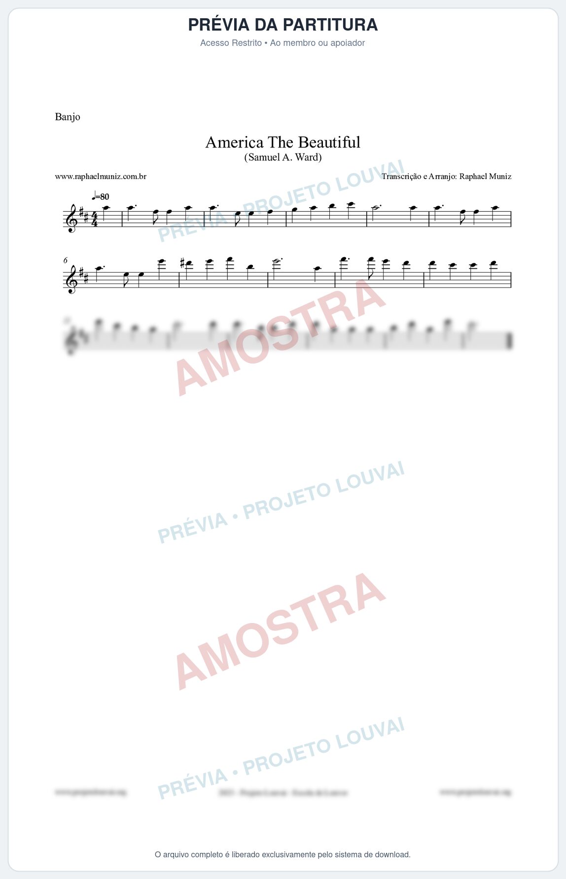 Prévia protegida da primeira página da partitura Partitura para Banjo - America The Beautiful - Samuel A Ward