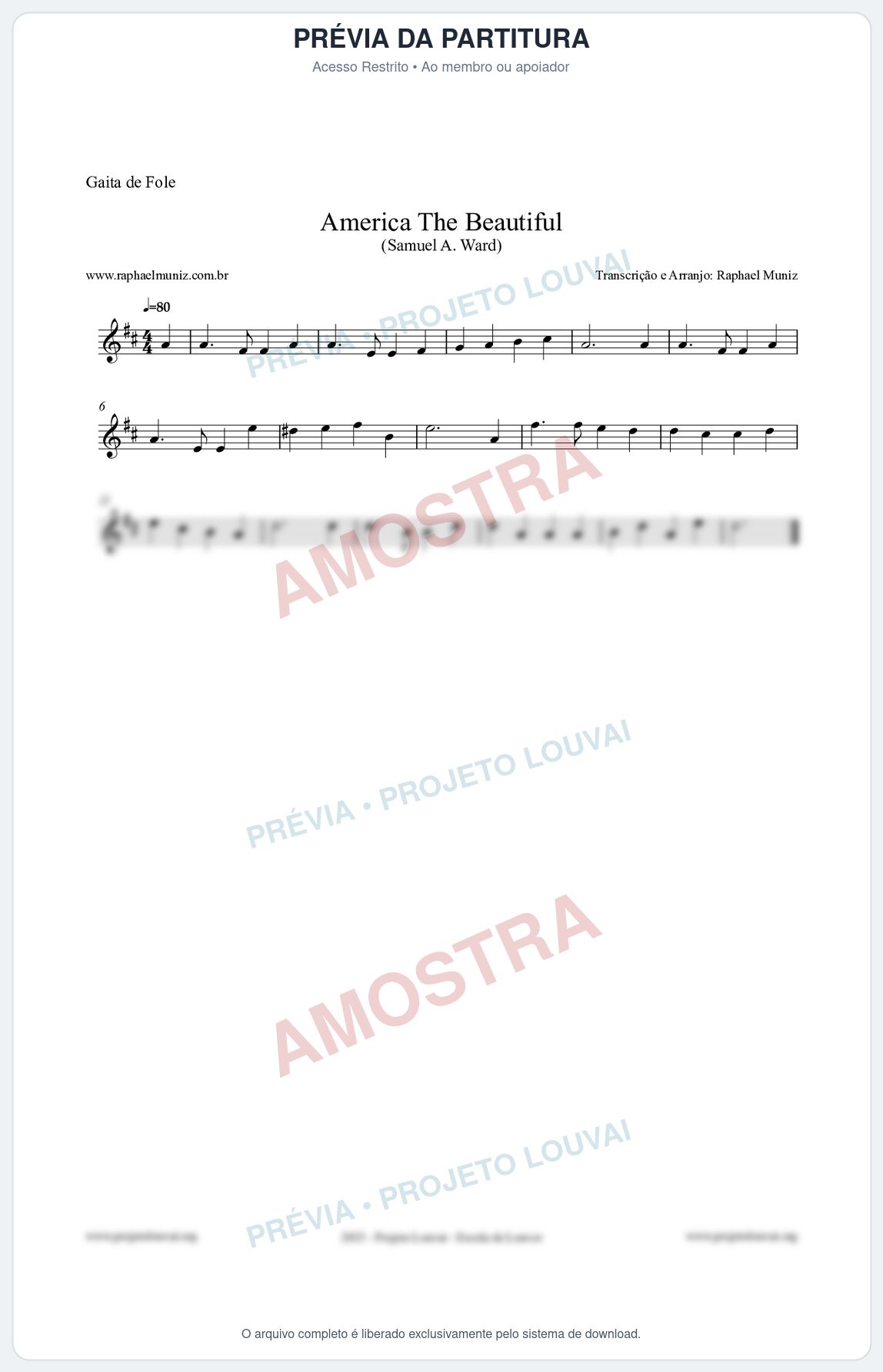Prévia protegida da primeira página da partitura Partitura para Gaita de Fole - America The Beautiful - Samuel A Ward