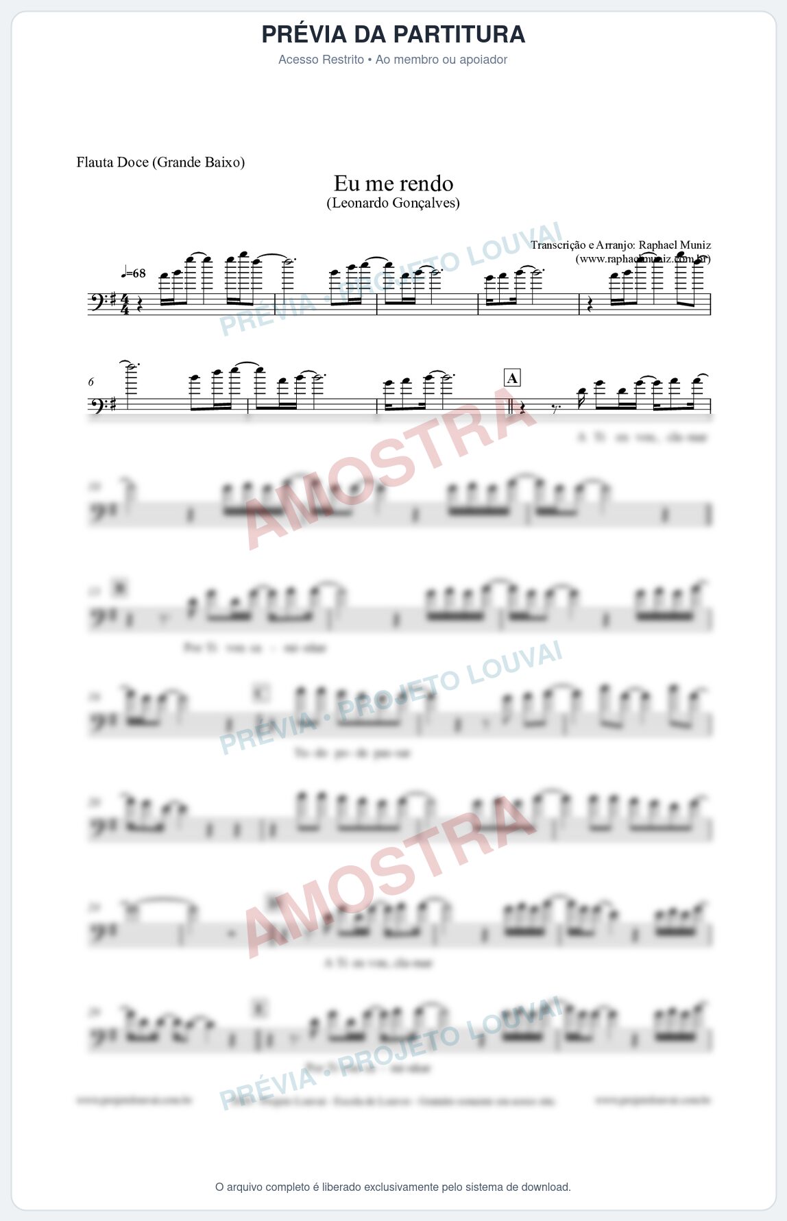 Prévia protegida da primeira página da partitura Partitura para Flauta Doce (Grande Baixo) - Eu me Rendo (Tom G) - Leonardo Gonçalves