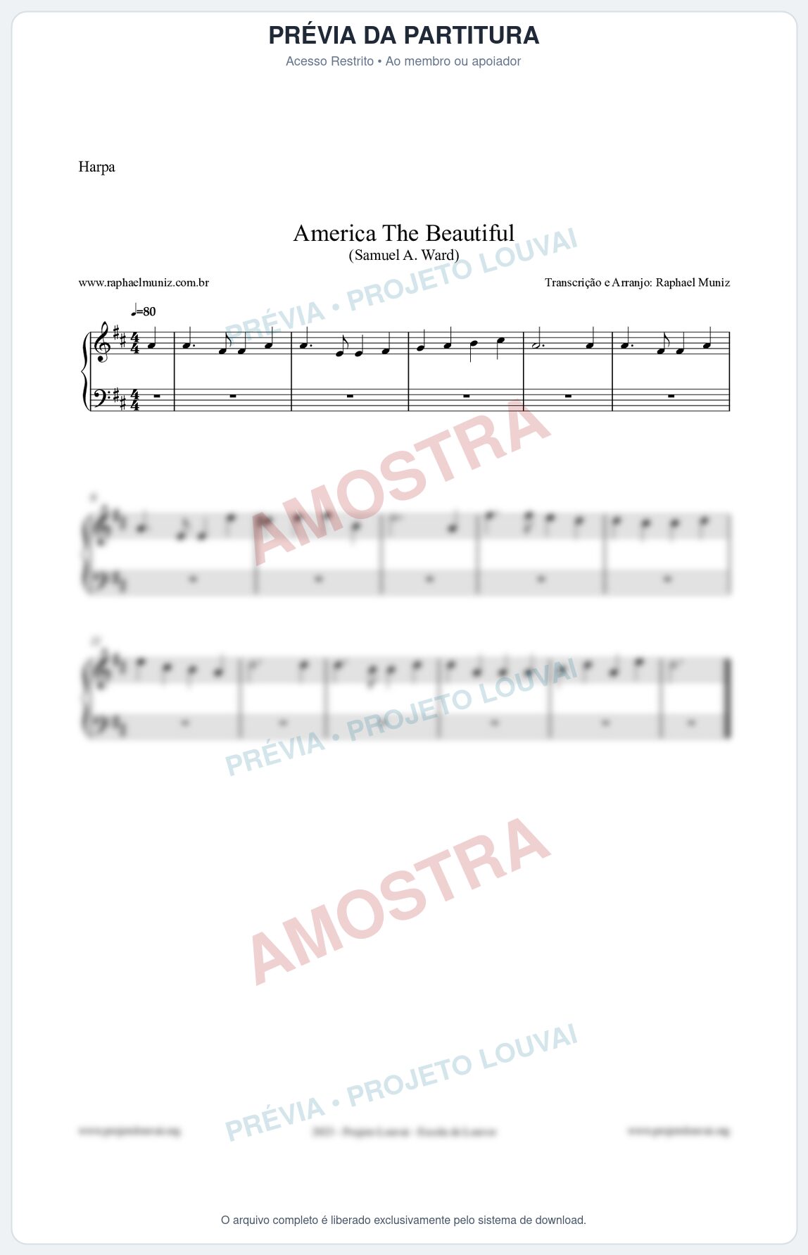 Prévia protegida da primeira página da partitura Partitura para Harpa - America The Beautiful - Samuel A Ward