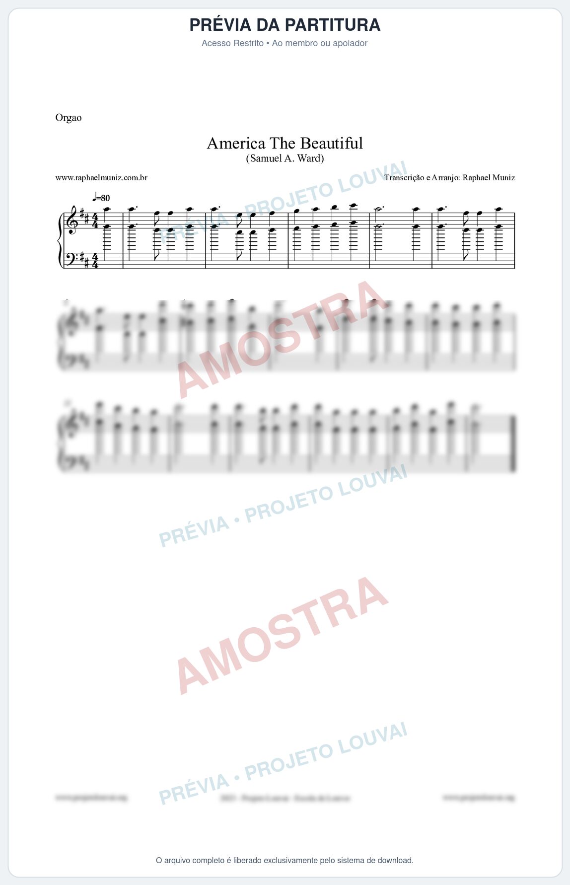 Prévia protegida da primeira página da partitura Partitura para Órgão - America The Beautiful - Samuel A Ward