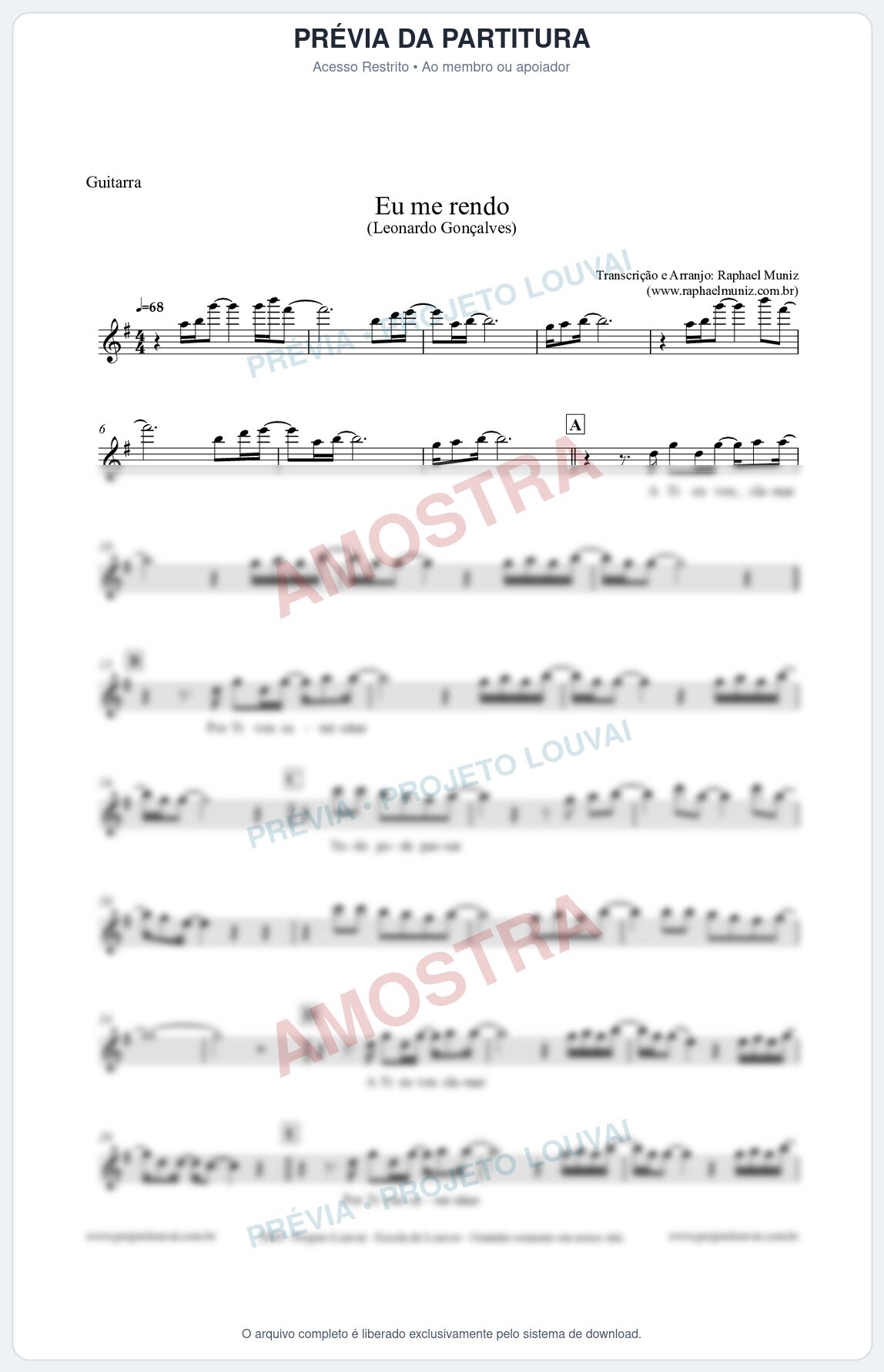 Prévia protegida da primeira página da partitura Partitura para Guitarra - Eu me Rendo (Tom G) - Leonardo Gonçalves