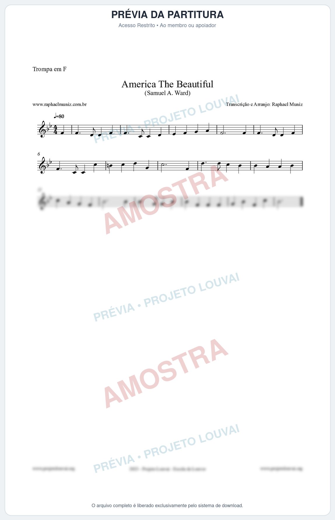 Prévia protegida da primeira página da partitura Partitura para Trompa em F - America The Beautiful - Samuel A Ward
