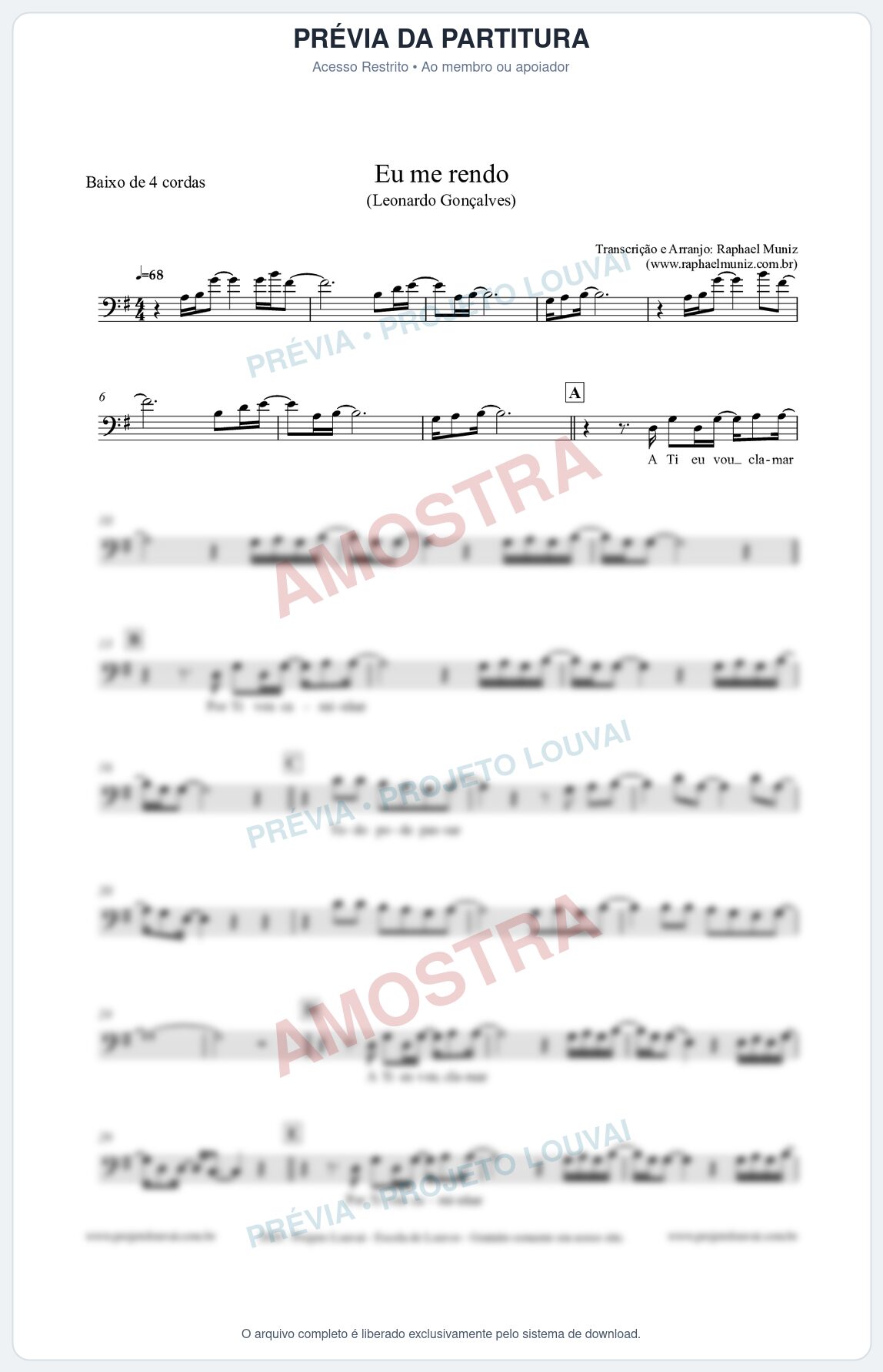 Prévia protegida da primeira página da partitura Partitura para Baixo de 4 cordas - Eu me Rendo (Tom G) - Leonardo Gonçalves