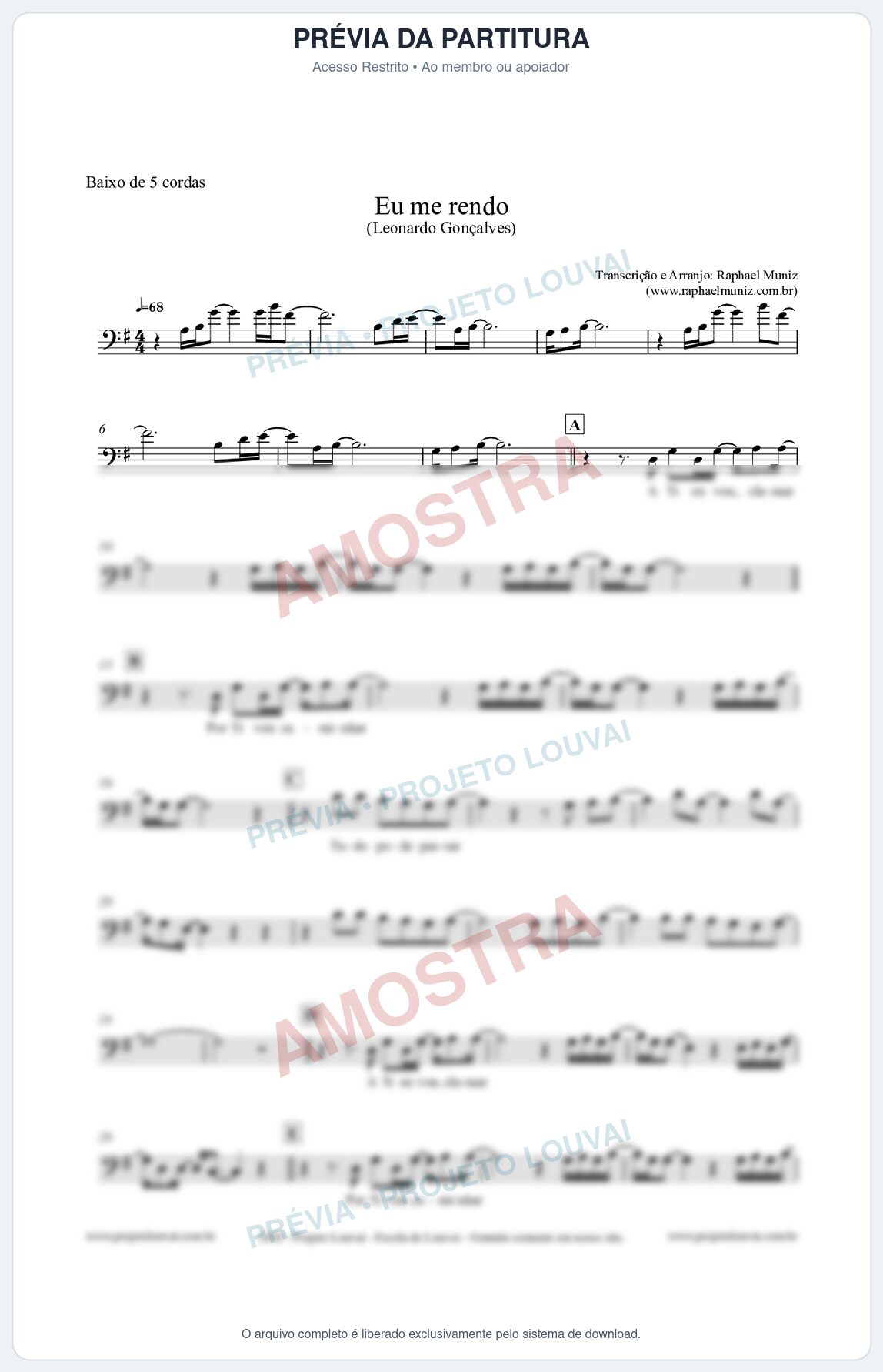 Prévia protegida da primeira página da partitura Partitura para Baixo de 5 cordas - Eu me Rendo (Tom G) - Leonardo Gonçalves