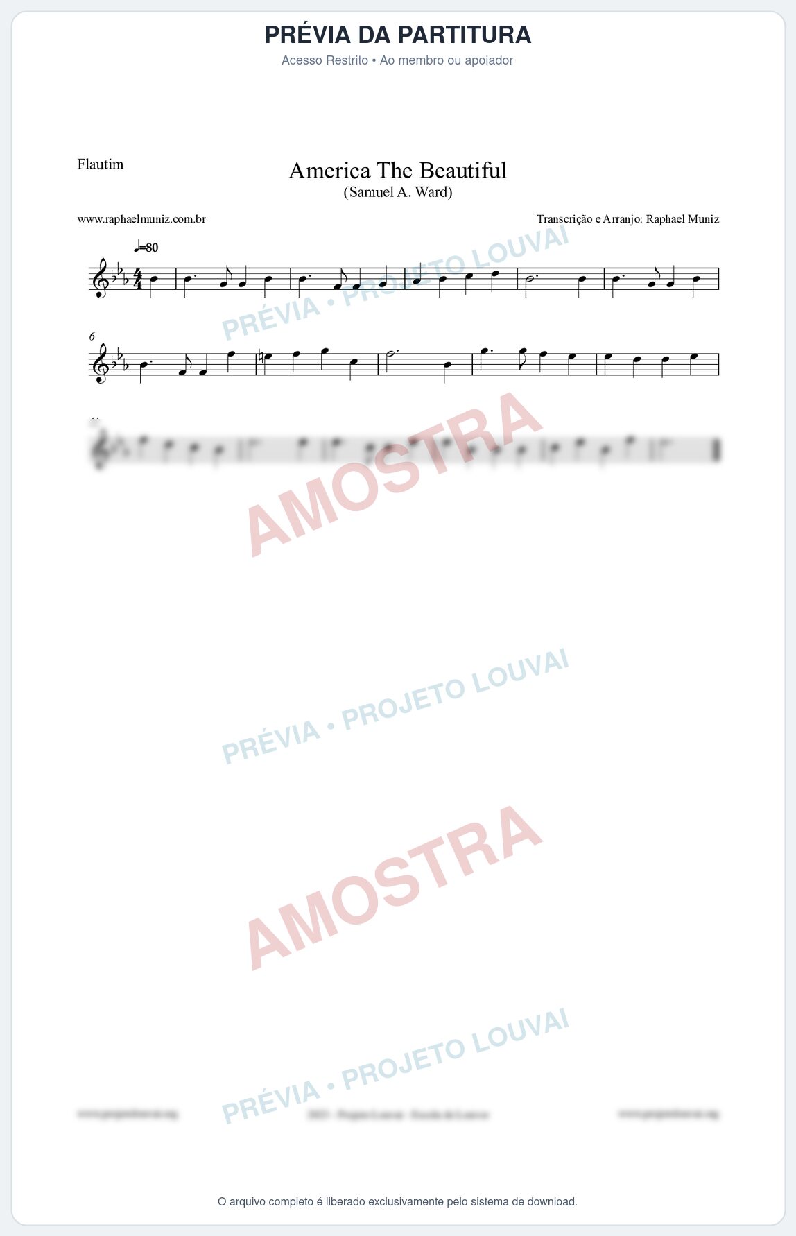 Prévia protegida da primeira página da partitura Partitura para Flautim - America The Beautiful - Samuel A Ward