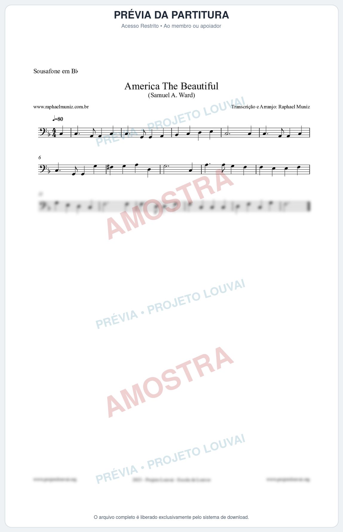 Prévia protegida da primeira página da partitura Partitura para Sousafone em Bb - America The Beautiful - Samuel A Ward