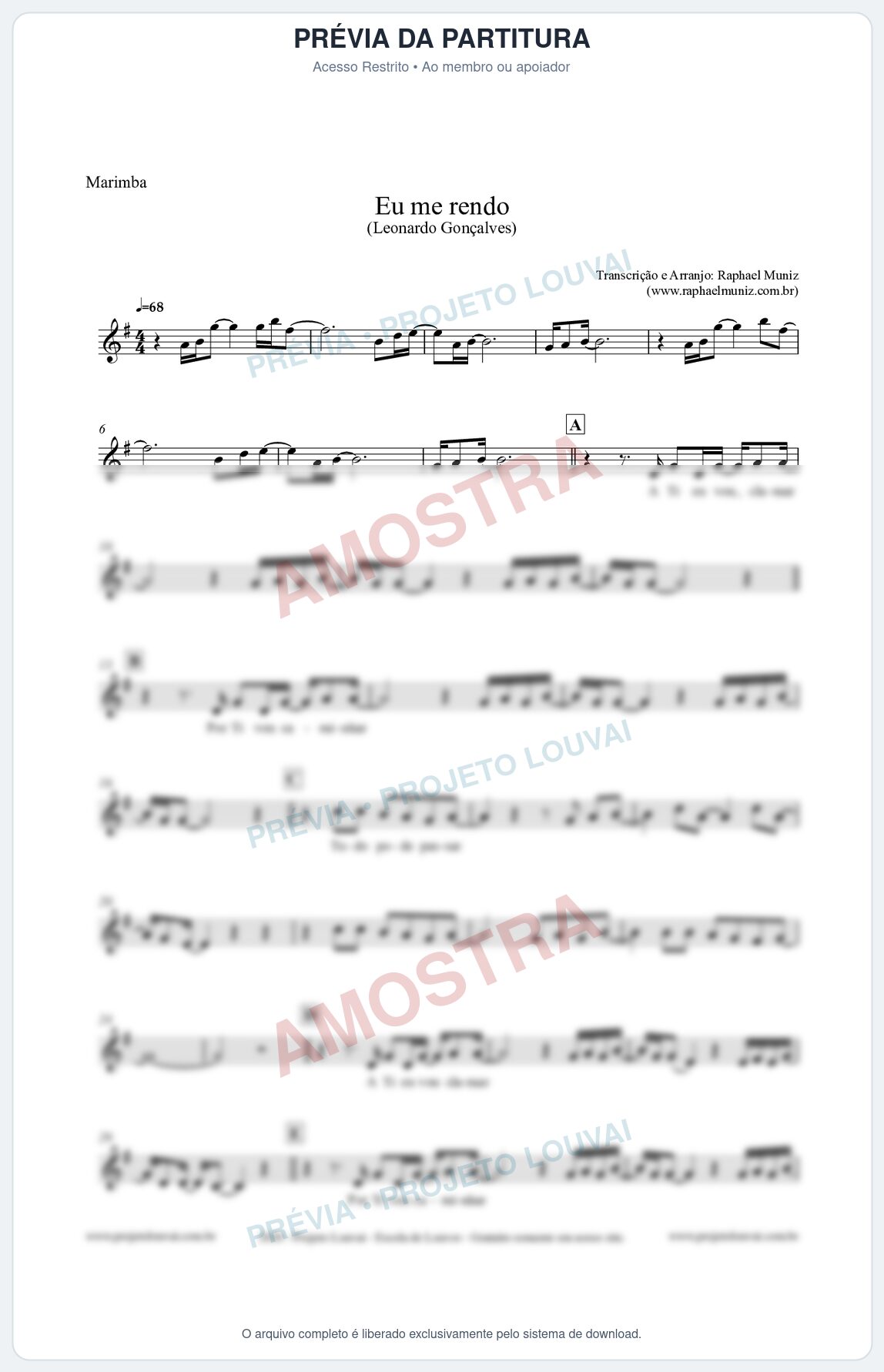 Prévia protegida da primeira página da partitura Partitura para Marimba - Eu me Rendo (Tom G) - Leonardo Gonçalves