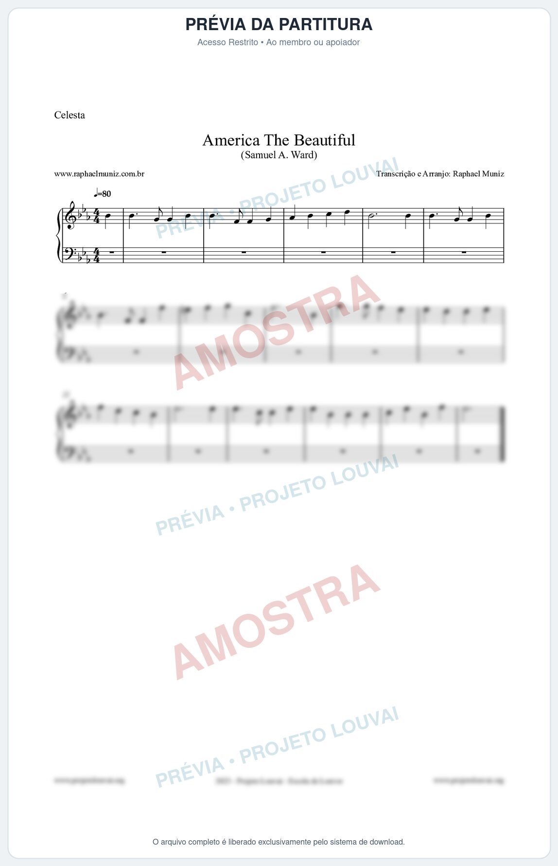 Prévia protegida da primeira página da partitura Partitura para Celesta - America The Beautiful - Samuel A Ward