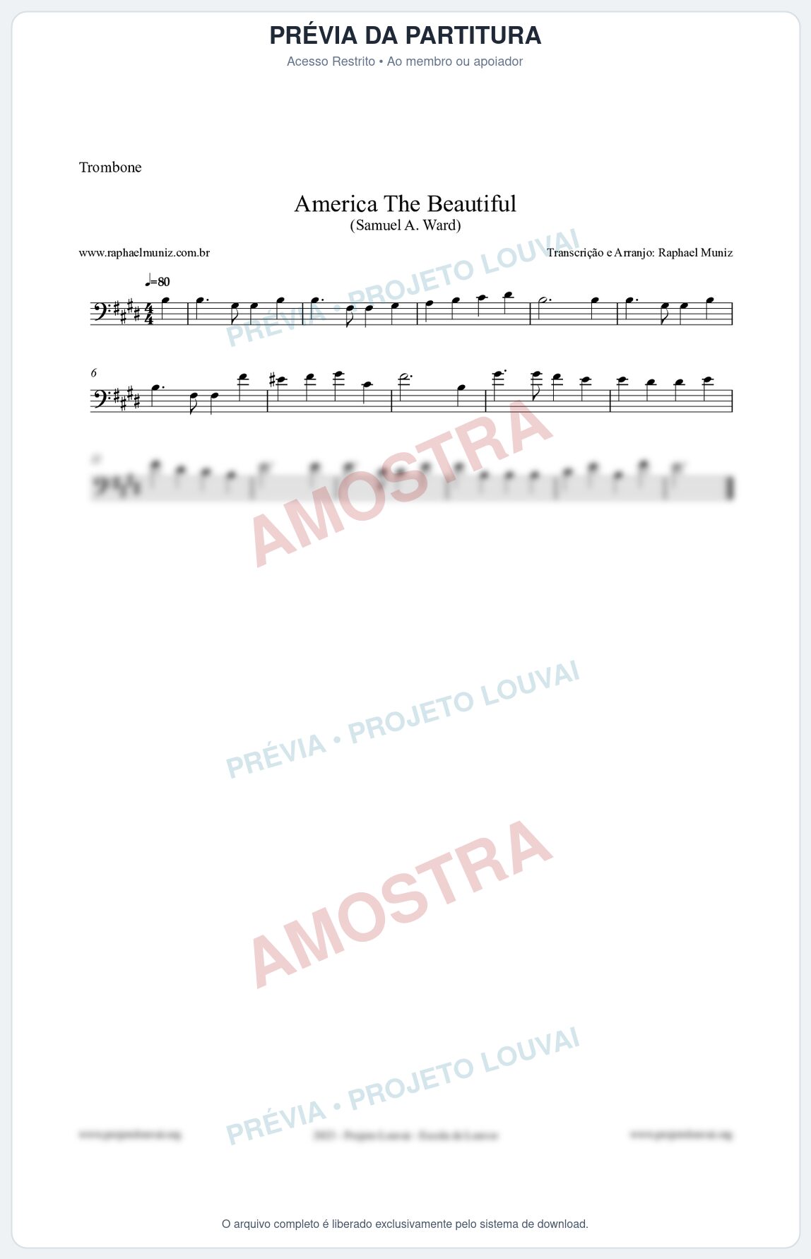 Prévia protegida da primeira página da partitura Partitura para Trombone - America The Beautiful - Samuel A Ward
