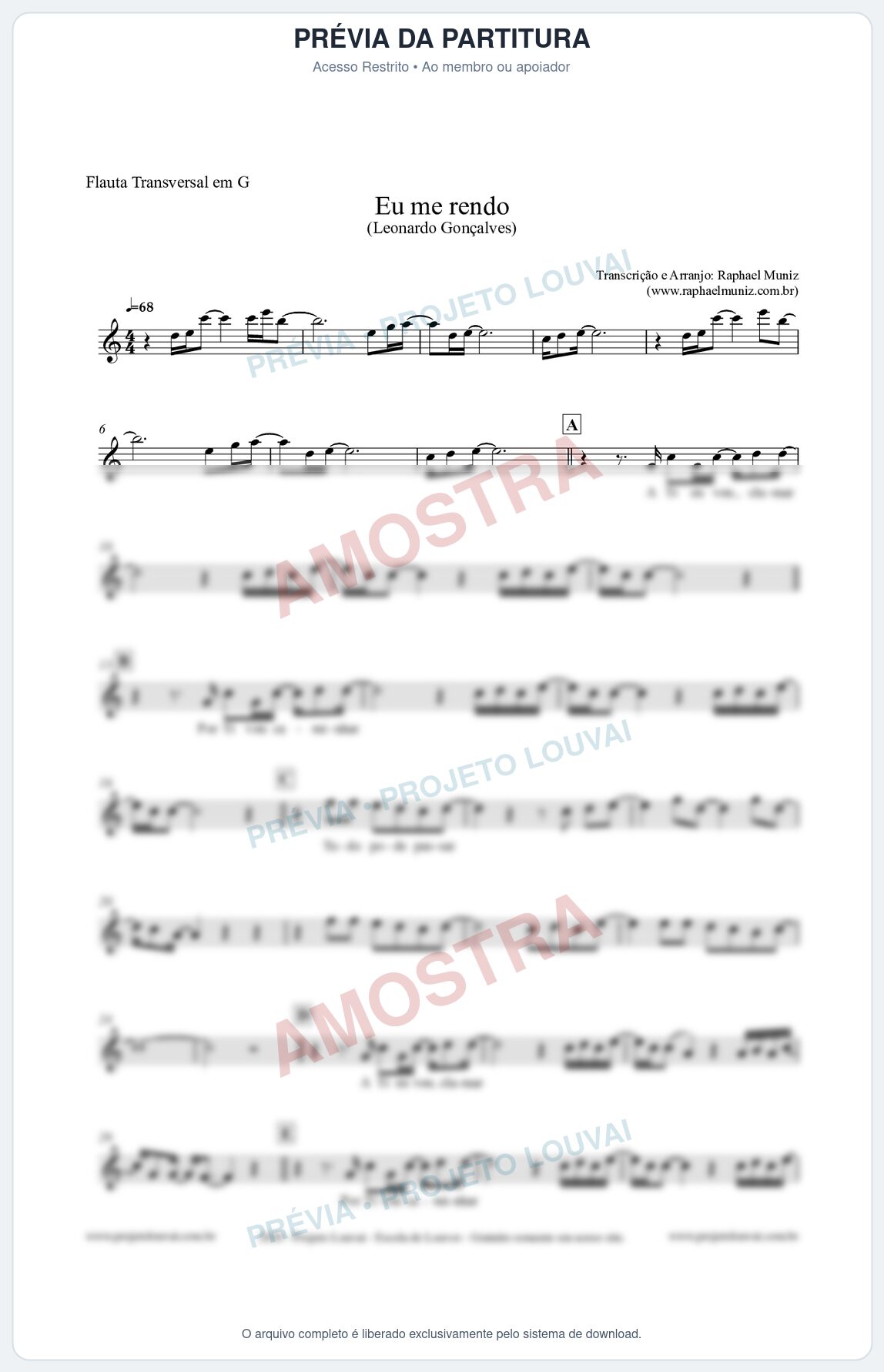 Prévia protegida da primeira página da partitura Partitura para Flauta Transversal em G - Eu me Rendo (Tom G) - Leonardo Gonçalves