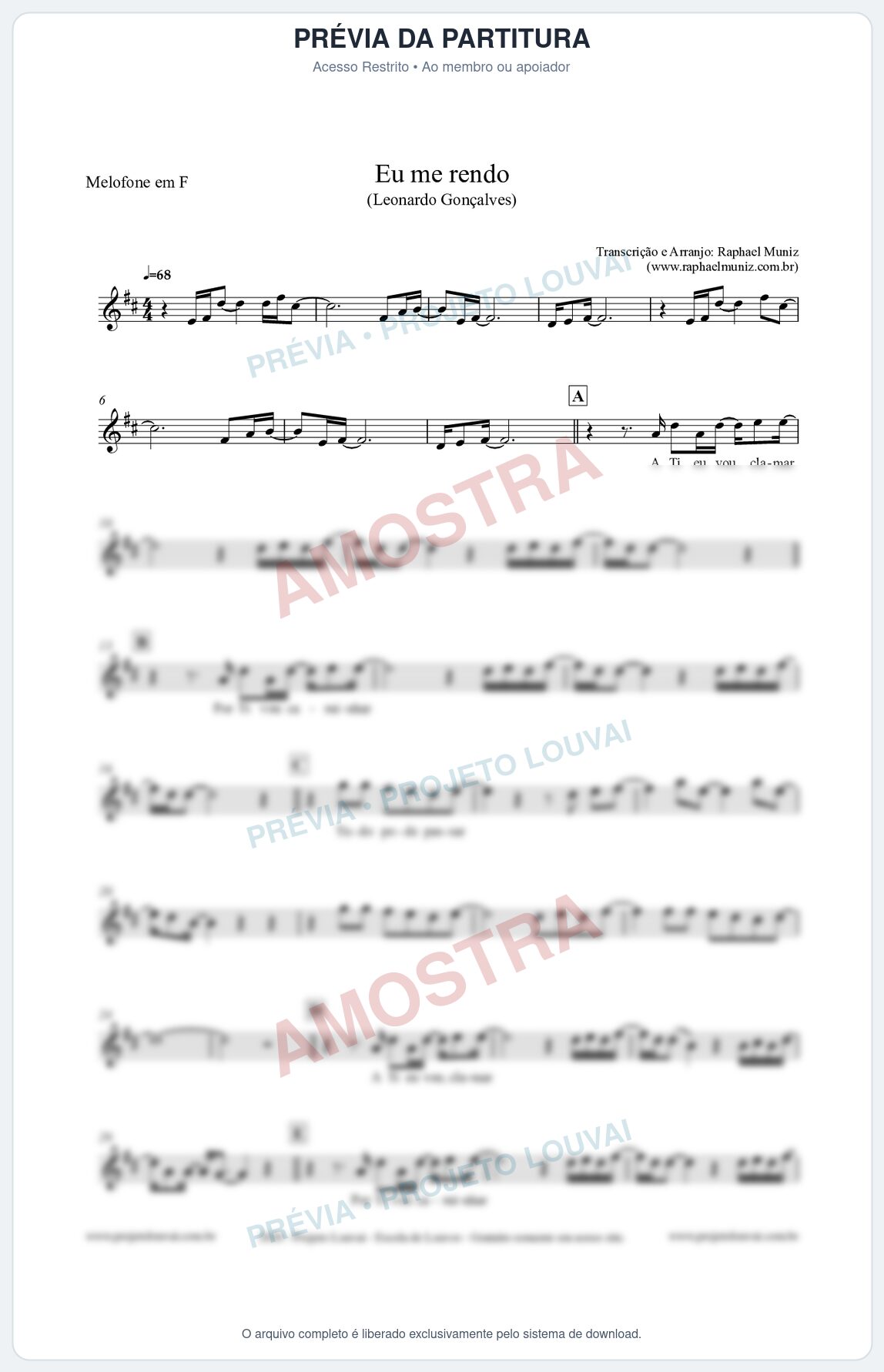 Prévia protegida da primeira página da partitura Partitura para Melofone em F - Eu me Rendo (Tom G) - Leonardo Gonçalves